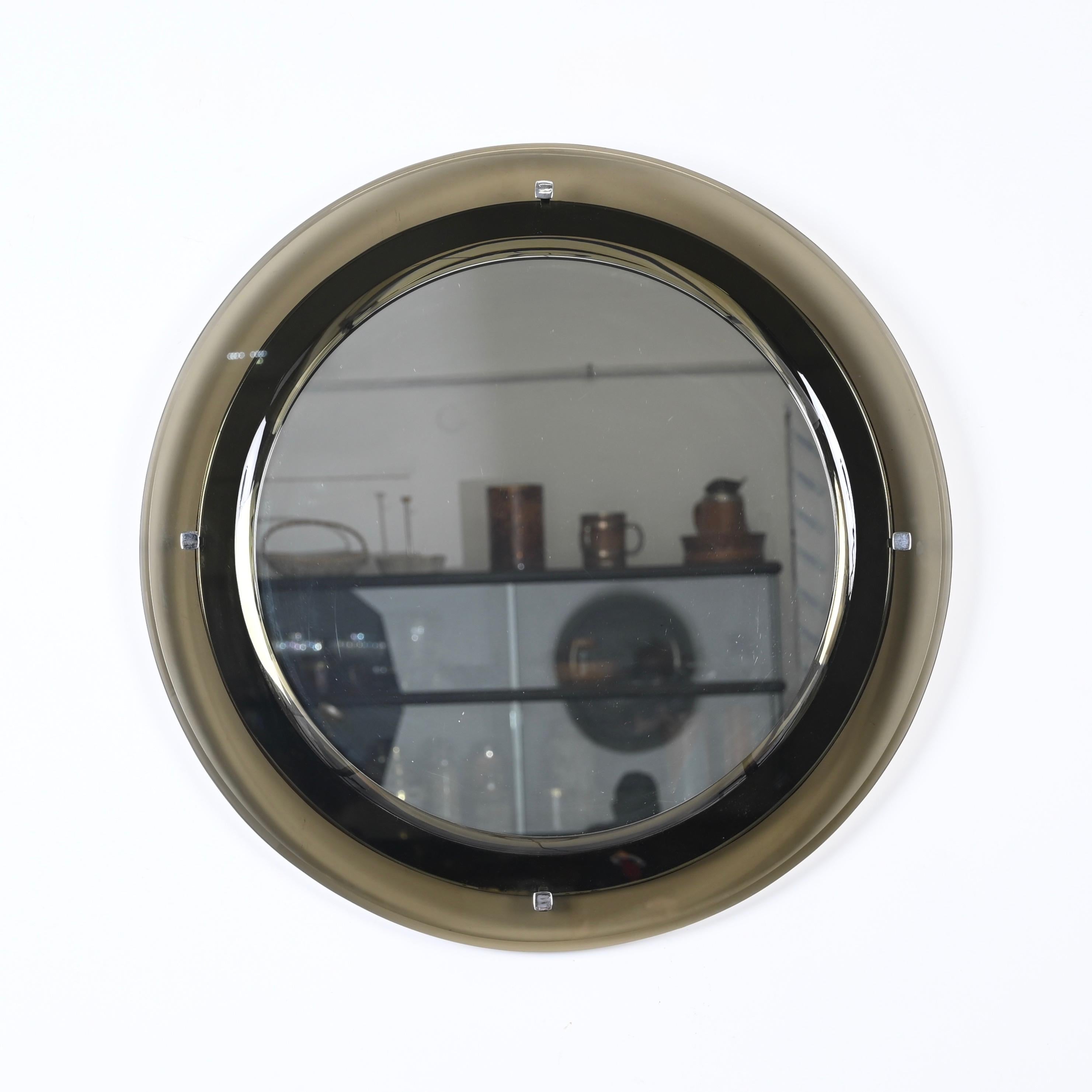 Midcentury Italian Round Mirror with Beveled Smoked Glass by Sena Cristal, 1970s For Sale 1