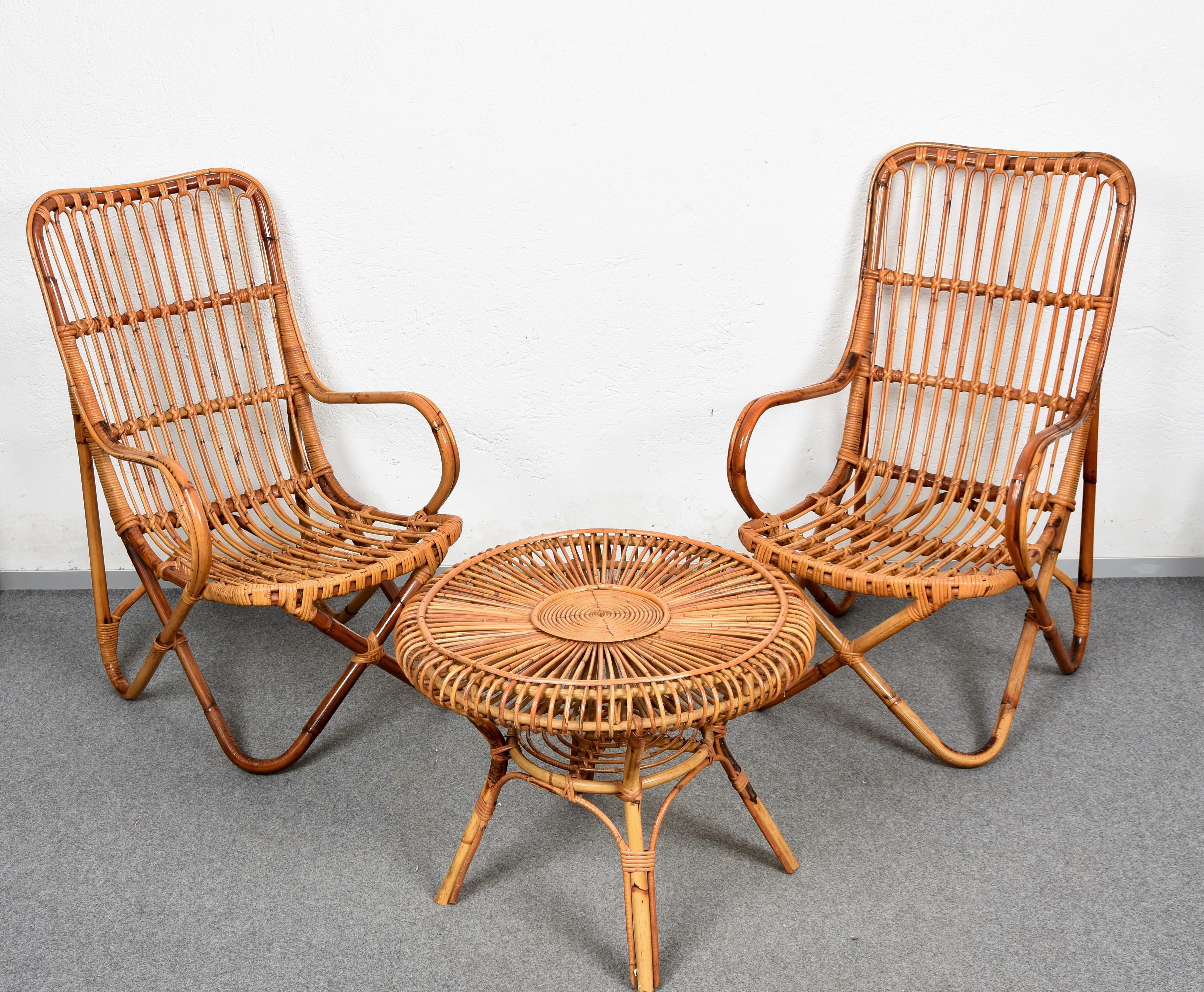 Midcentury Italian Round Rattan and Bamboo Coffee Table, 1960s 9