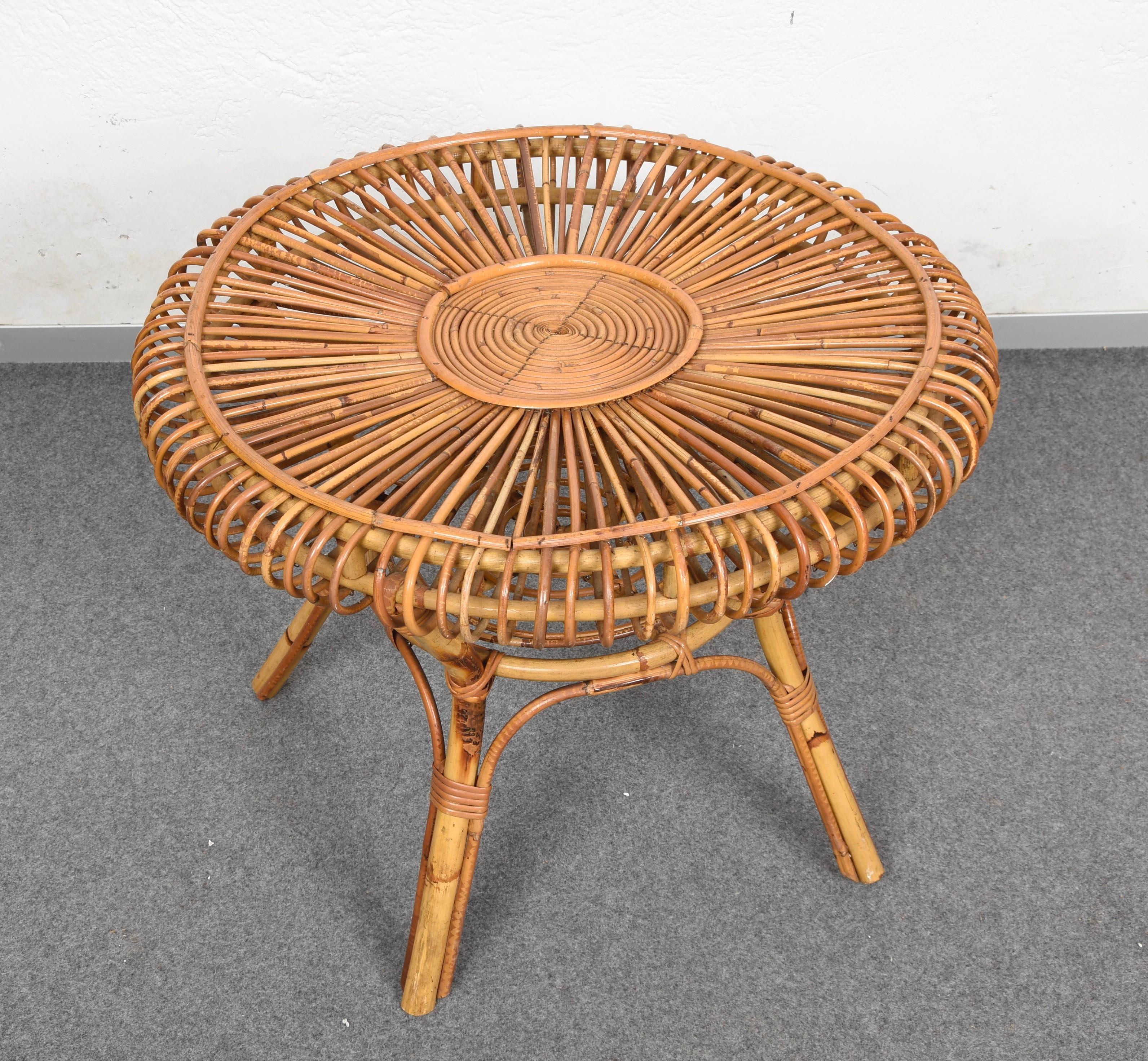 Midcentury Italian Round Rattan and Bamboo Coffee Table, 1960s 3