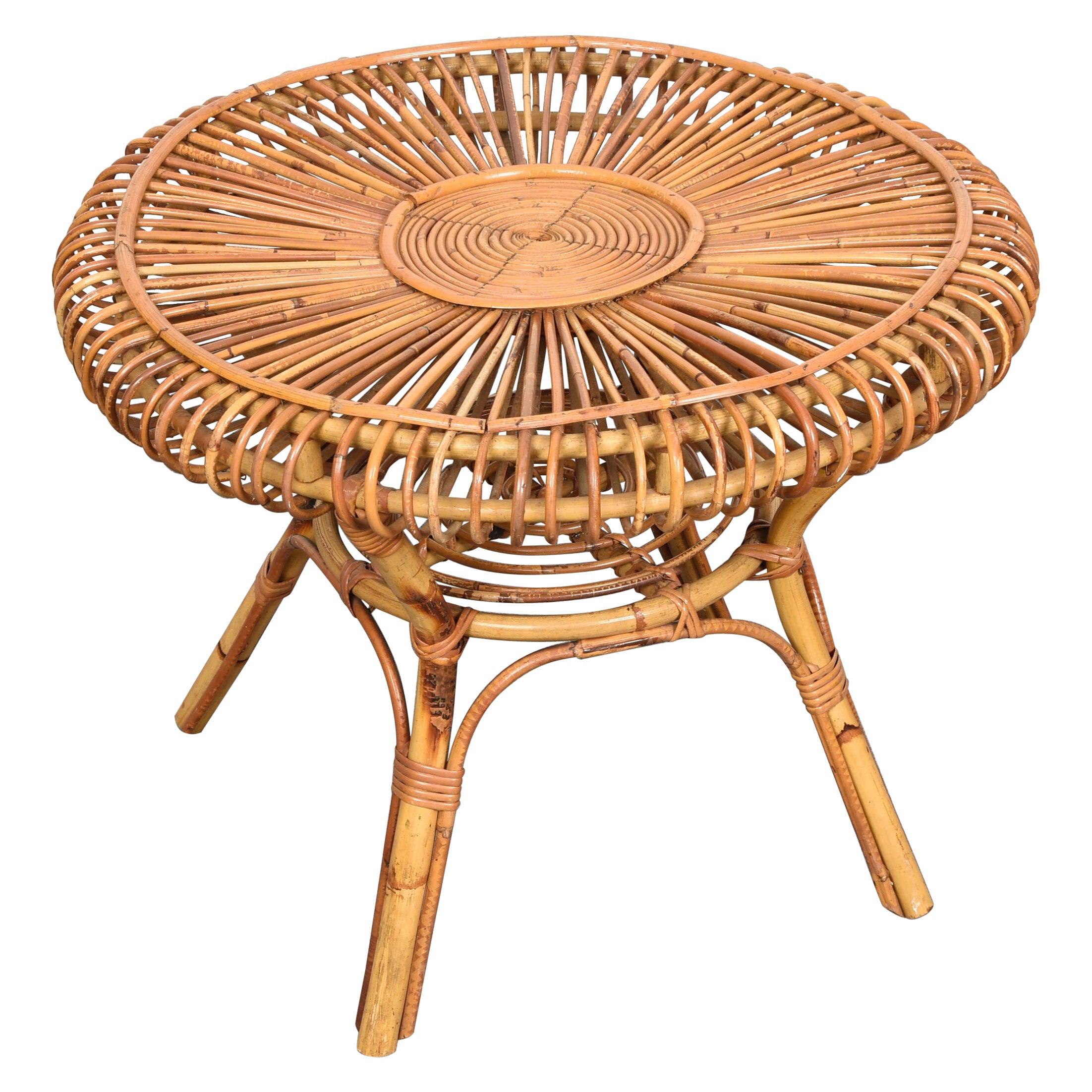 Midcentury Italian Round Rattan and Bamboo Coffee Table, 1960s