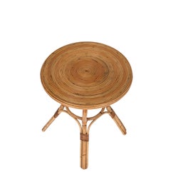 Midcentury Italian Round Rattan and Bamboo Coffee Table with Four Legs, 1960s