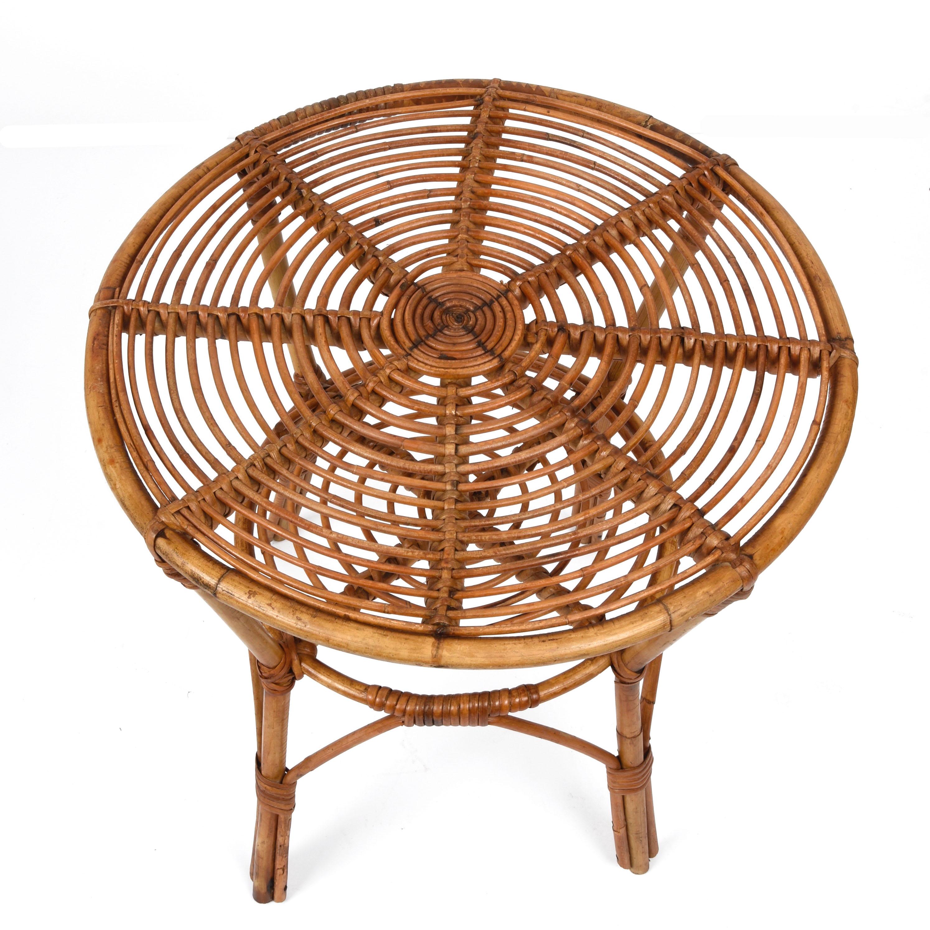 Midcentury Italian Round Rattan and Bamboo Coffee Table with Lower Shelf, 1960s For Sale 1