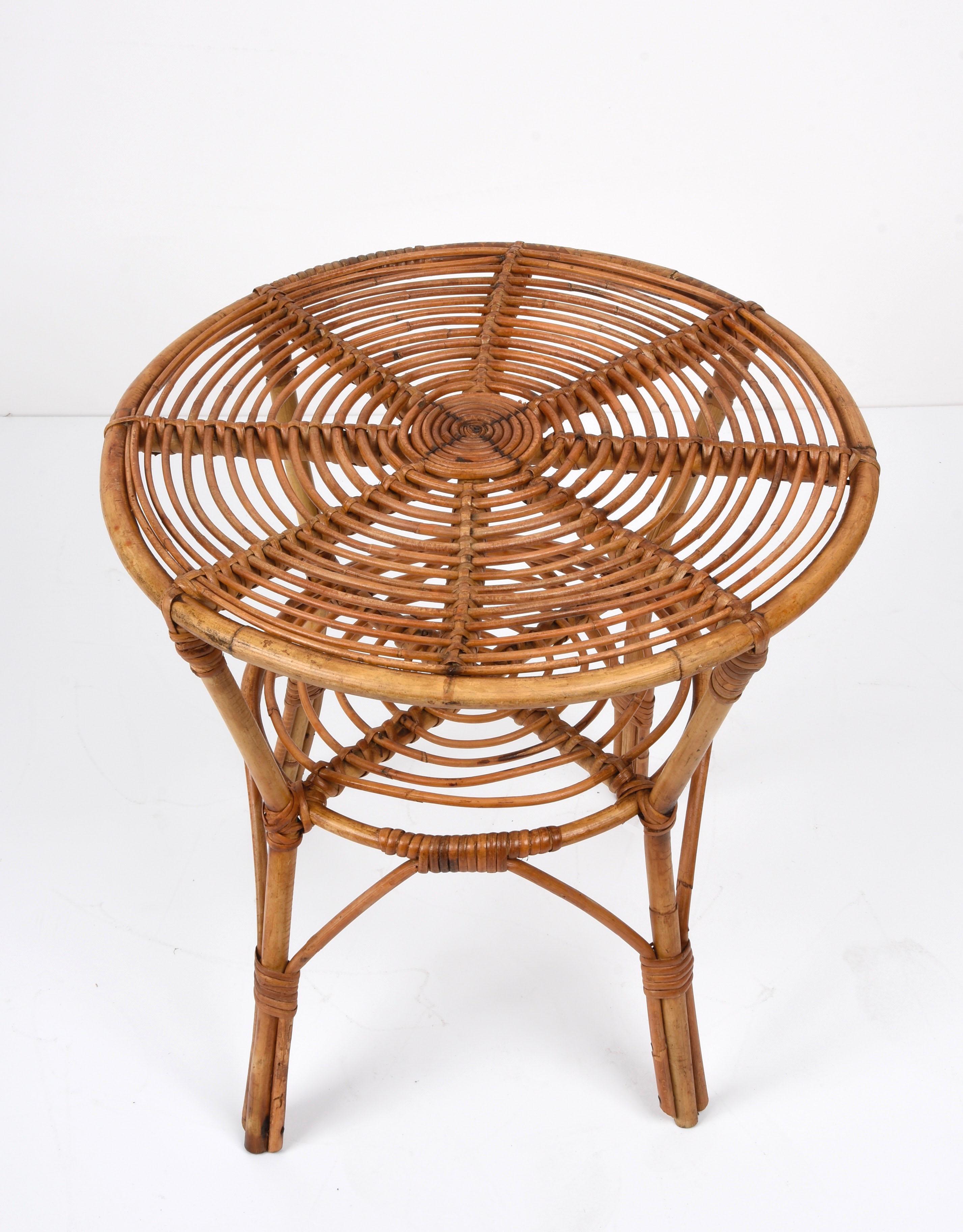 Mid-Century Modern Midcentury Italian Round Rattan and Bamboo Coffee Table with Lower Shelf, 1960s For Sale