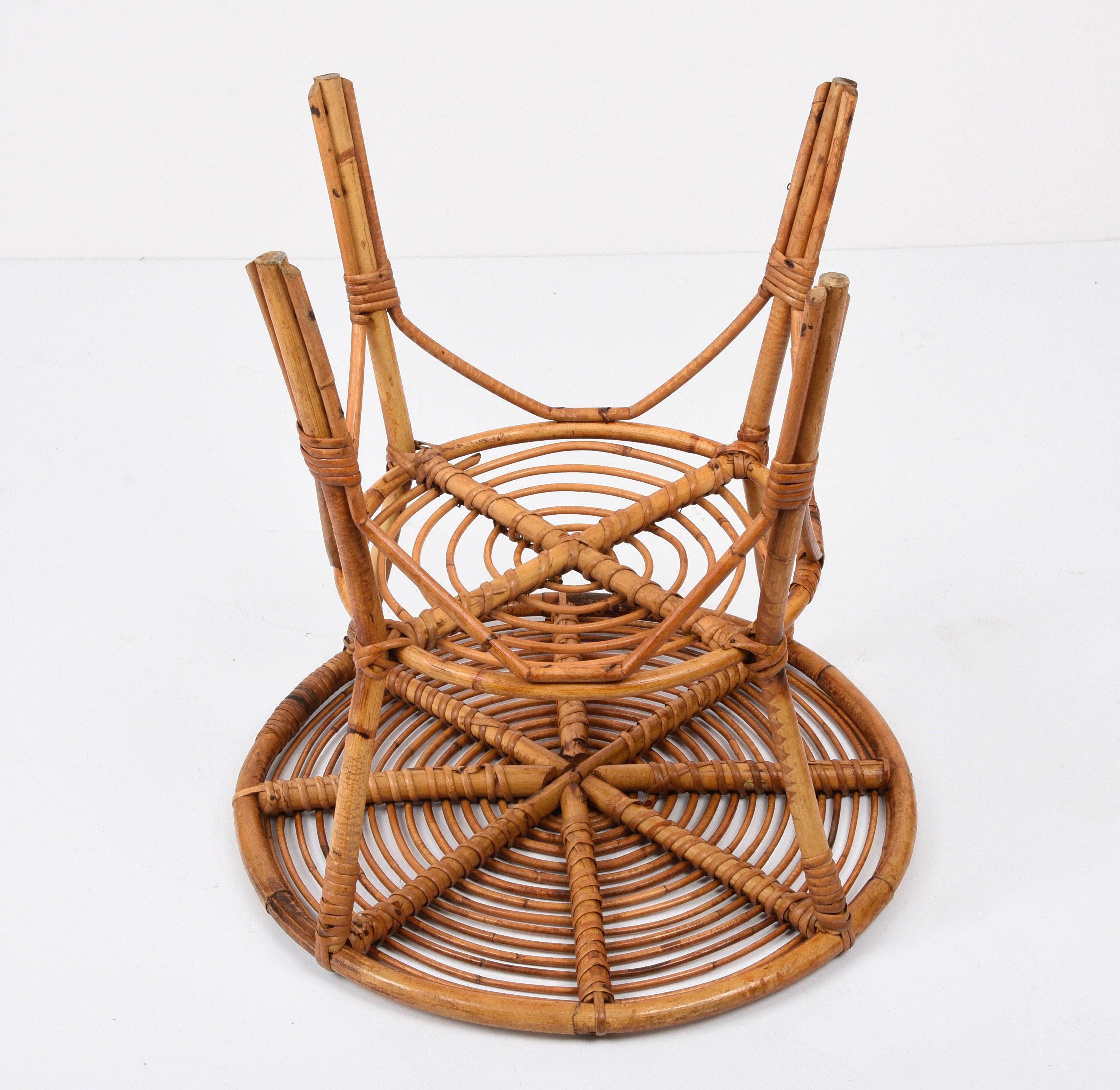 Midcentury Italian Round Rattan and Bamboo Coffee Table with Lower Shelf, 1960s 4