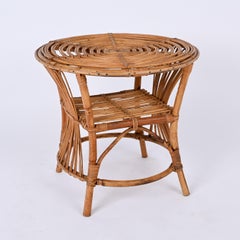 Midcentury Italian Round Rattan and Bamboo Coffee Table with Lower Shelf, 1960s