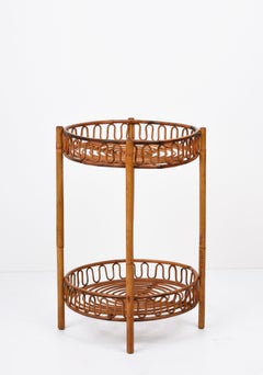 Midcentury Italian Round Rattan and Bamboo Coffee Table with Two Shelves, 1960s