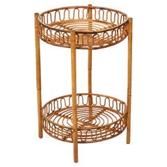 Midcentury Italian Round Rattan and Bamboo Coffee Table with Two Shelves, 1960s