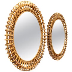 Midcentury Italian Round Rattan Cane Mirror, 1950s