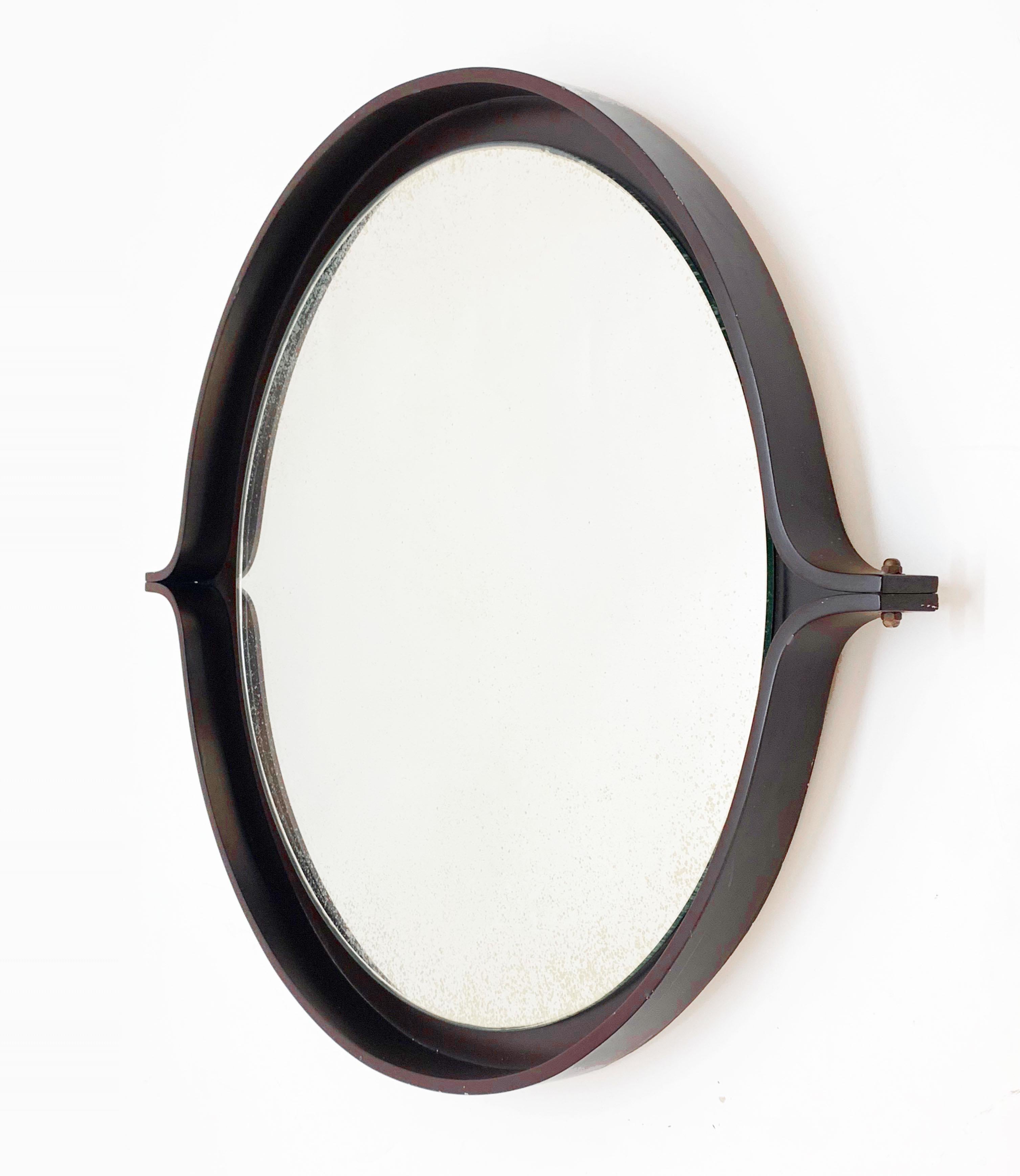 Midcentury Italian Round Wall Mirror with Round Dark Wood Frame, 1960s 2