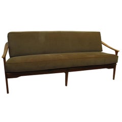 Midcentury Italian Sculpted Walnut Sofa and Pair of Armchairs Set, 1950s