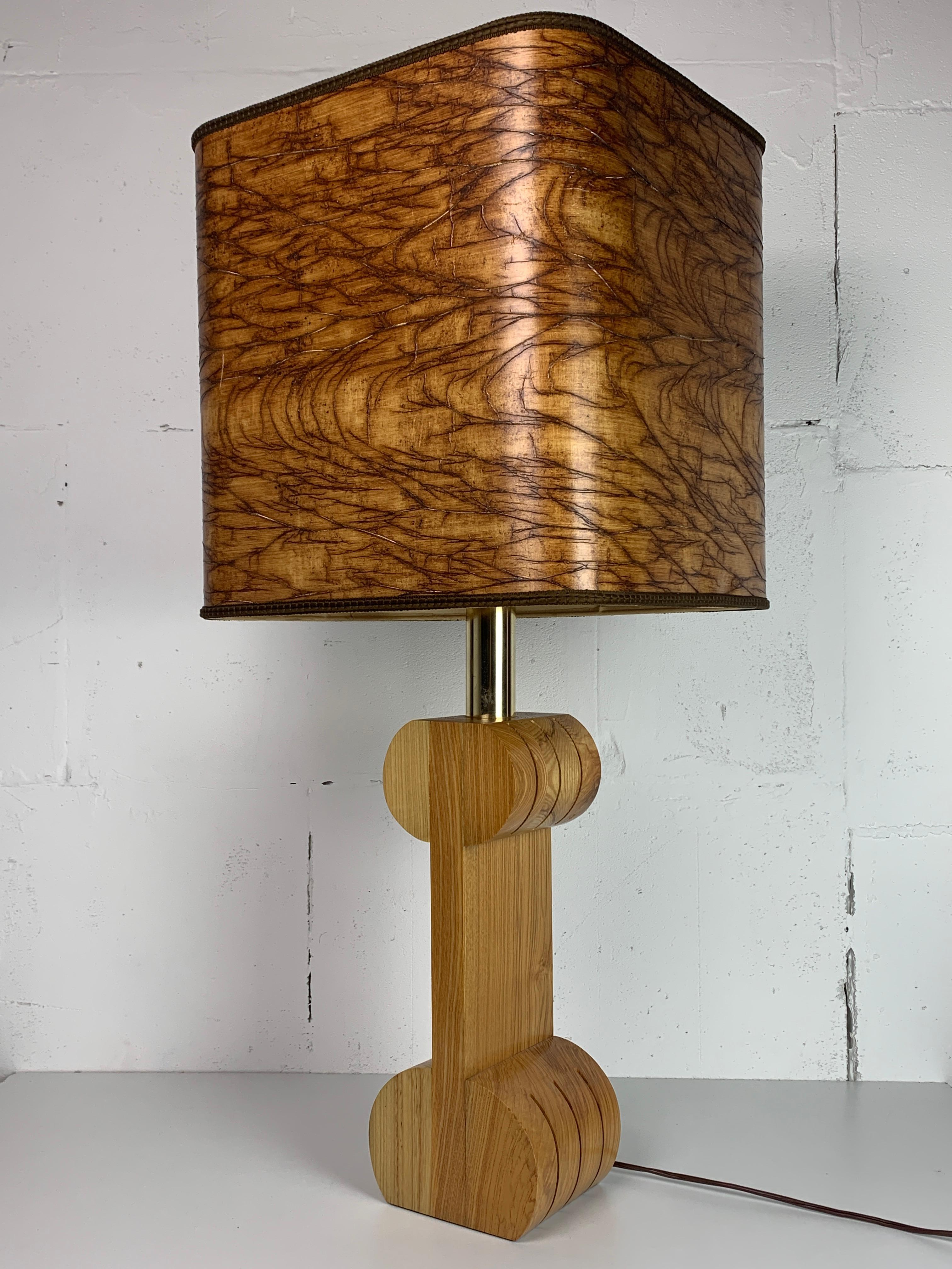 Midcentury Italian sculptural large table lamp with wood veneer shade For Sale 11