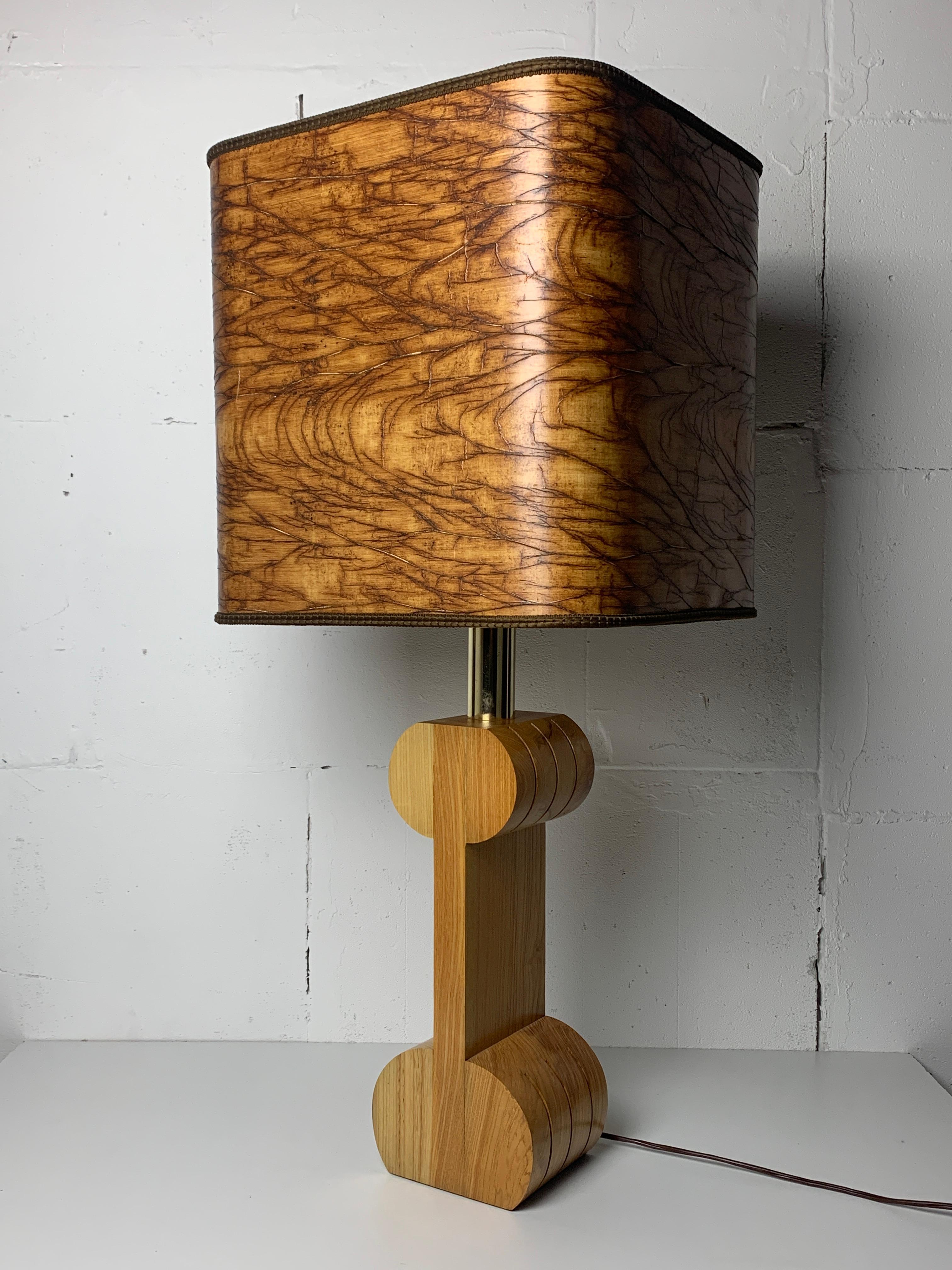 Midcentury Italian sculptural large table lamp with wood veneer shade For Sale 12
