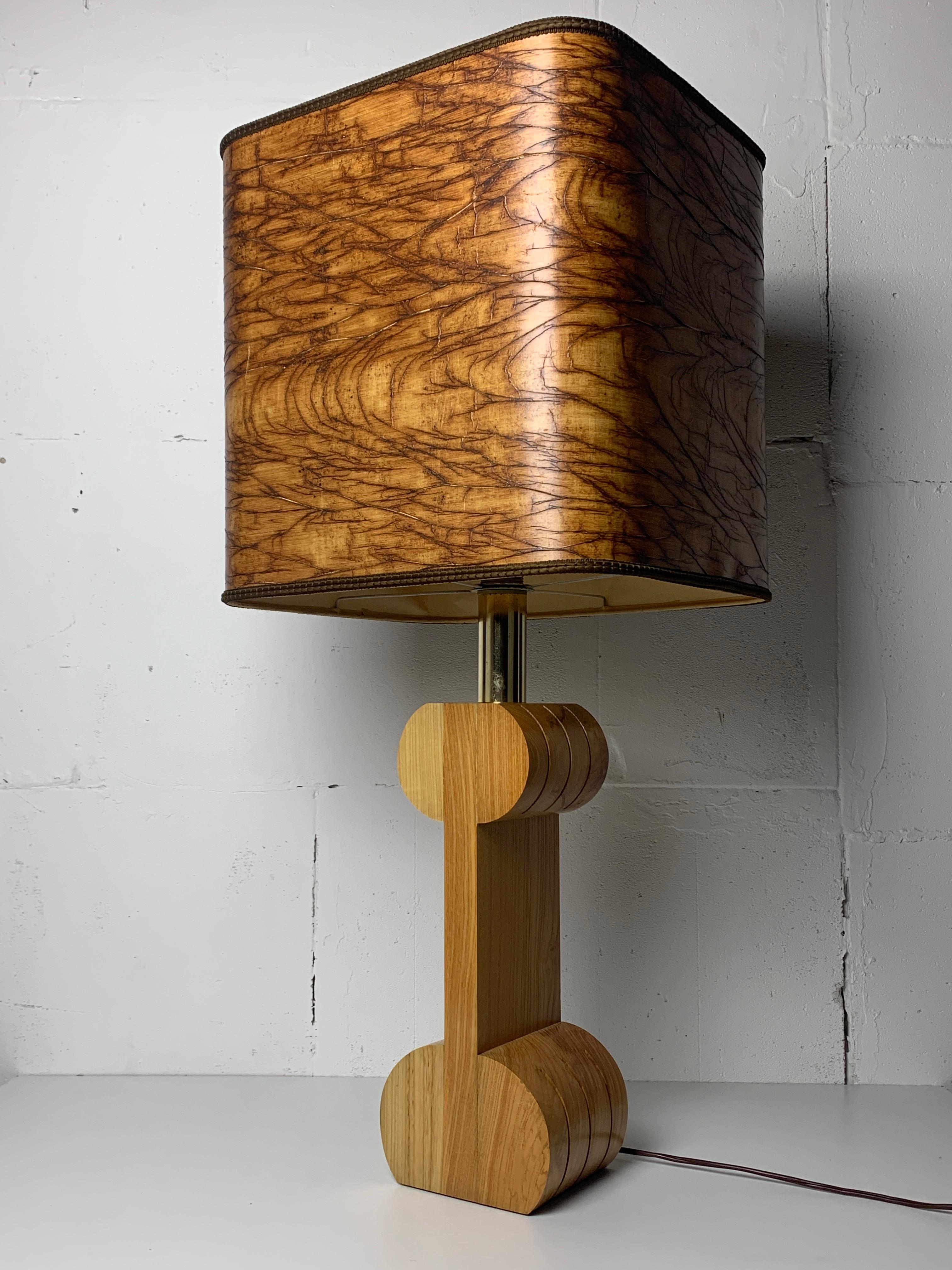 Absolutely stunning and rare extra large ( 94 cm ) Italian table lamp with original wood veneer shade. This lamp came to us attributed to Tobia & Afra Scarpa and we can see why the previous owner saw some resemblance to their Africa chair but
