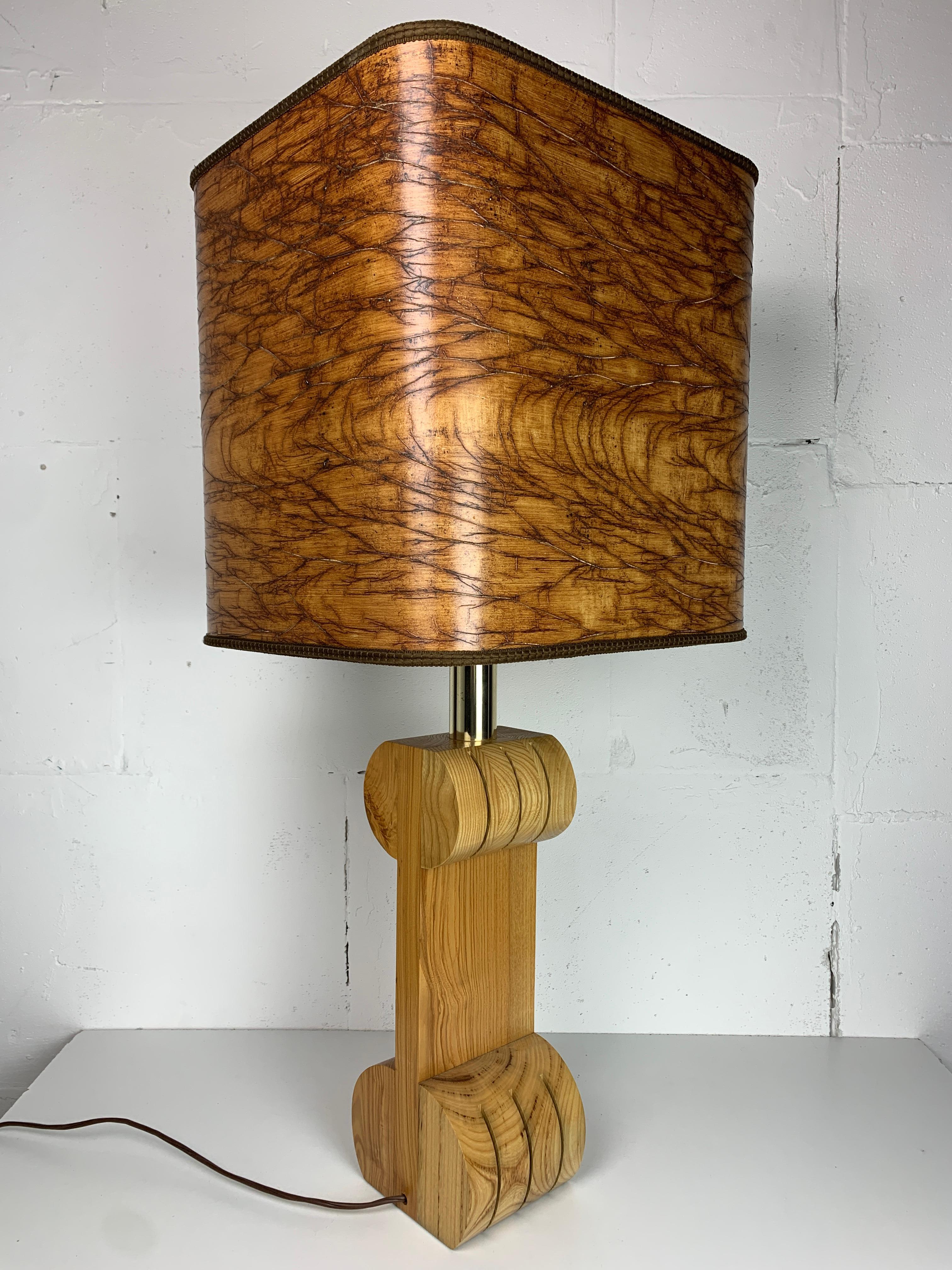Midcentury Italian sculptural large table lamp with wood veneer shade For Sale 1