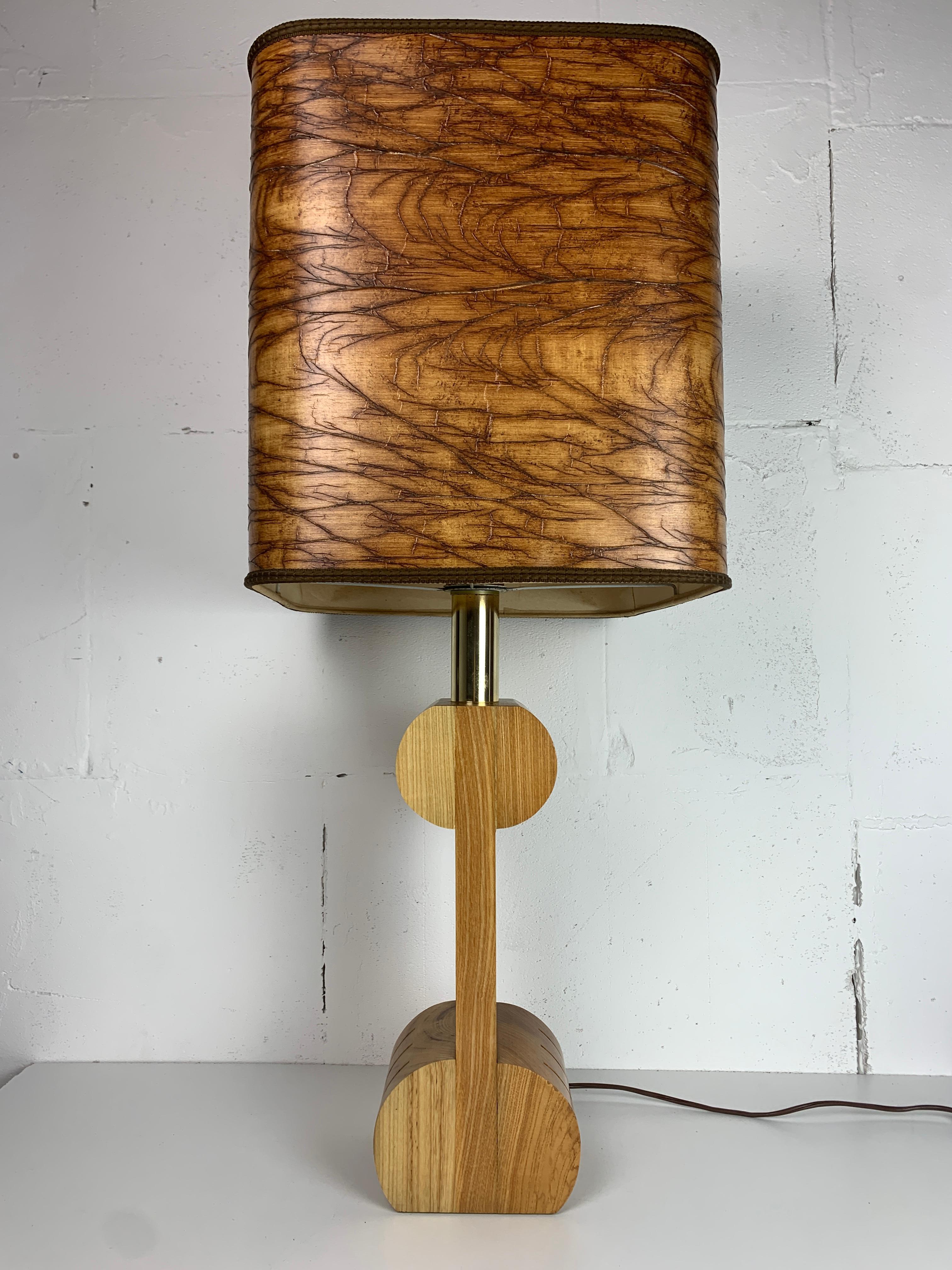 Midcentury Italian sculptural large table lamp with wood veneer shade For Sale 3