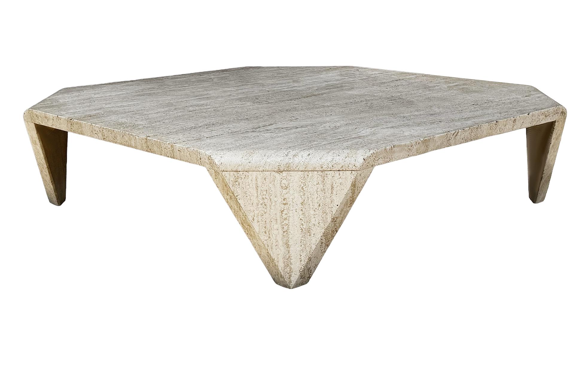 Late 20th Century Midcentury Italian Sculptural Modern Square Travertine Marble Cocktail Table For Sale