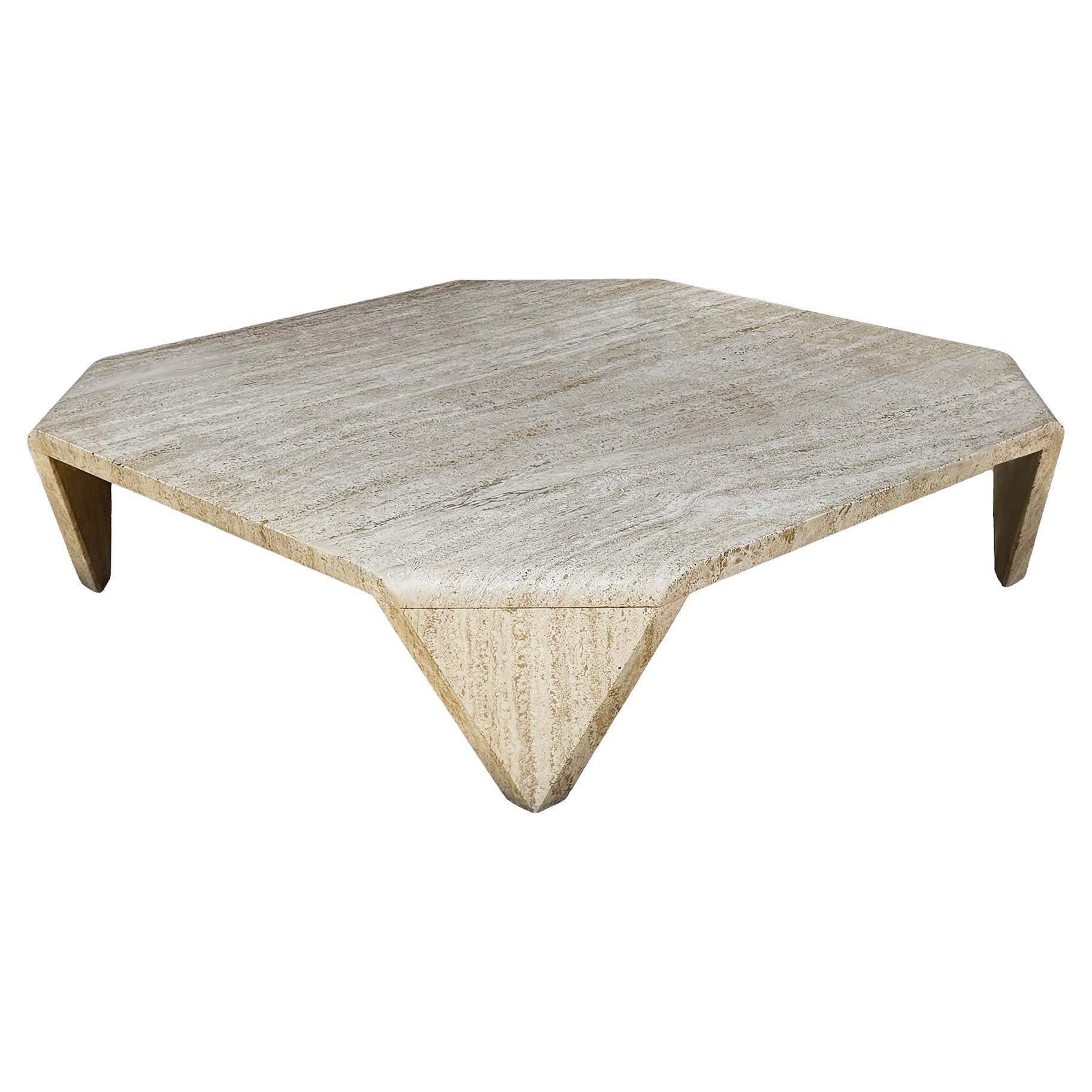 Midcentury Italian Sculptural Modern Square Travertine Marble Cocktail Table
