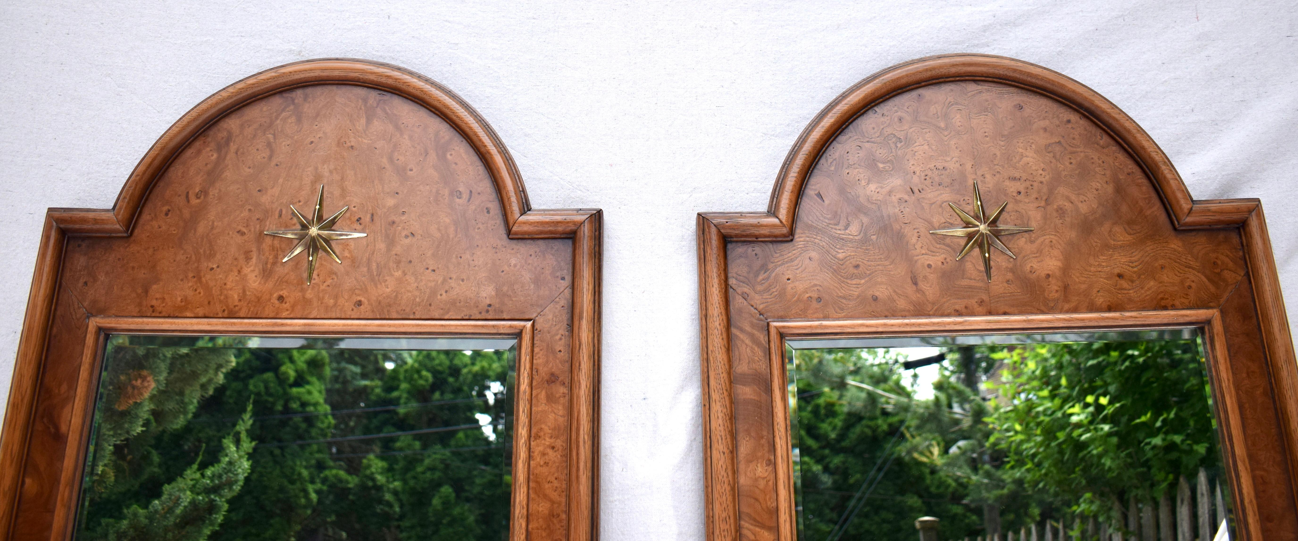 Brass Midcentury Italian Serliana Palladian Style Burl-Wood Beveled Wall Mirrors For Sale