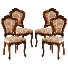 Late 19th C. Italian Four Chairs Louis Philippe Walnut Hand-Carved wax polished