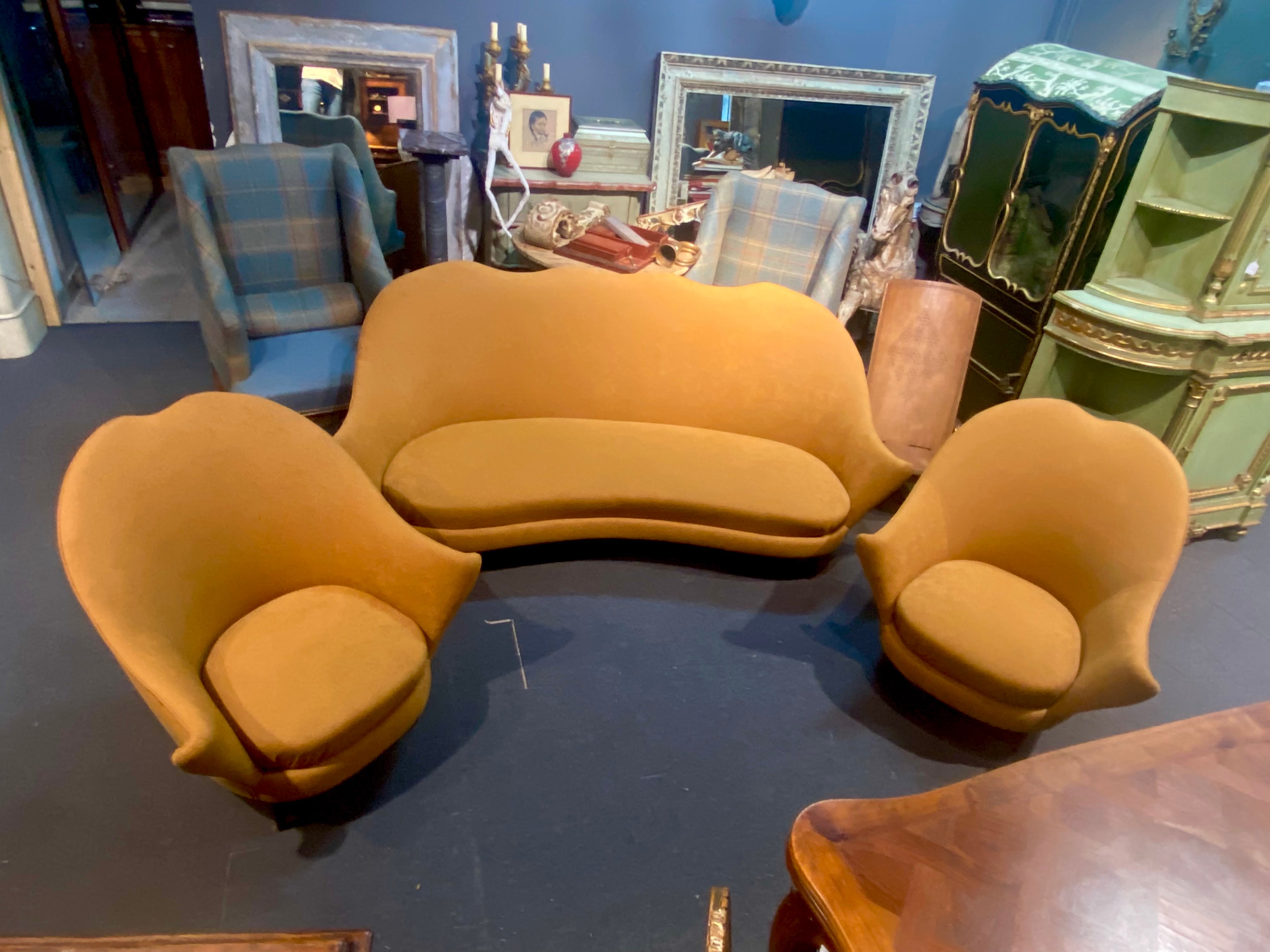 Italian vintage set of canapé and two lovely armchairs, all in original velvet upholstery in mustard colour. Very comfortable and cozy made with elegant curves. 
Very good overall condition.
Italy circa 1950