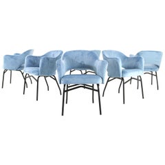 Midcentury Italian Set of Six Dining Chairs in Blue Velvet, 1950