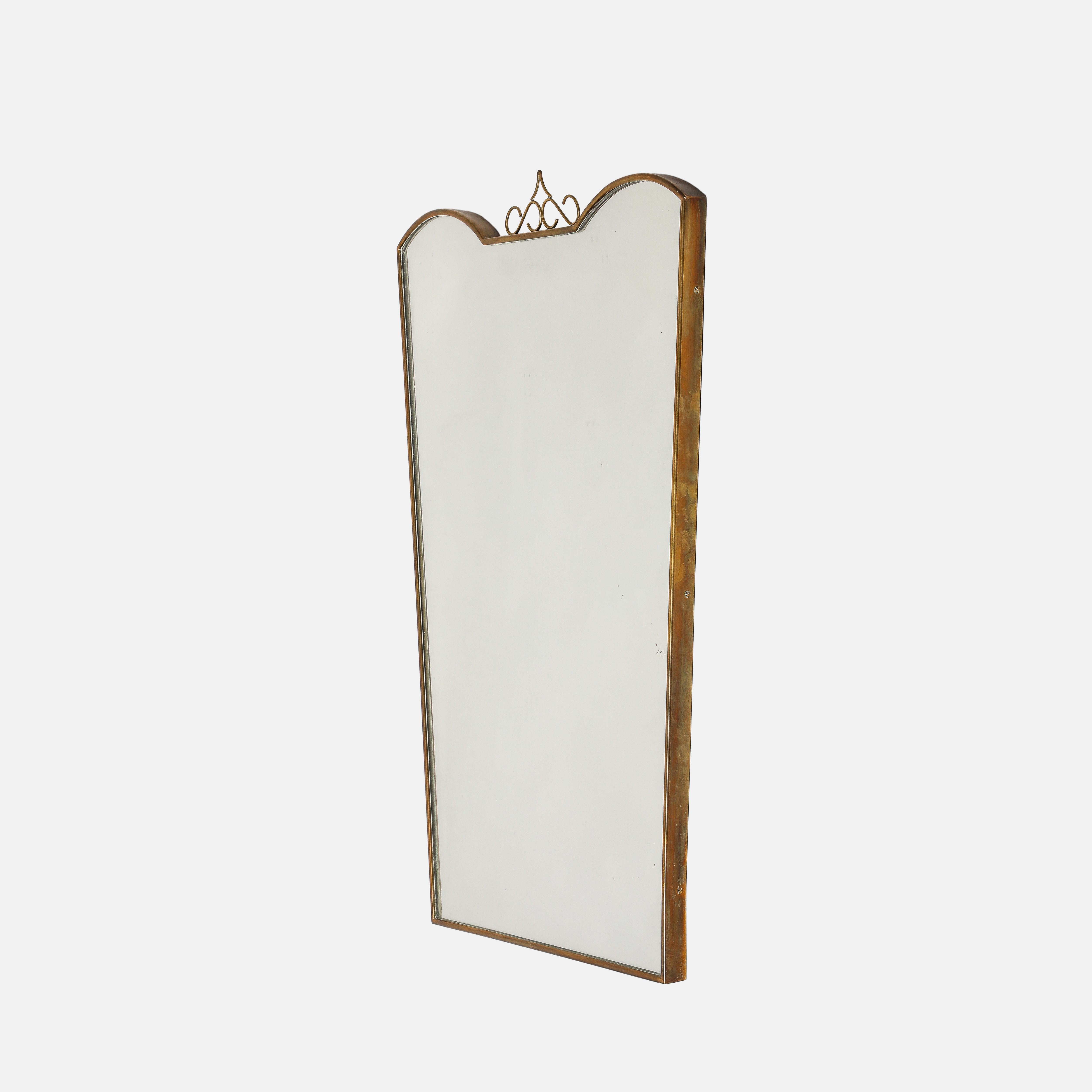 Mid-Century Modern Midcentury Italian Shaped Brass Mirror with Brass Decorations, 1950s For Sale