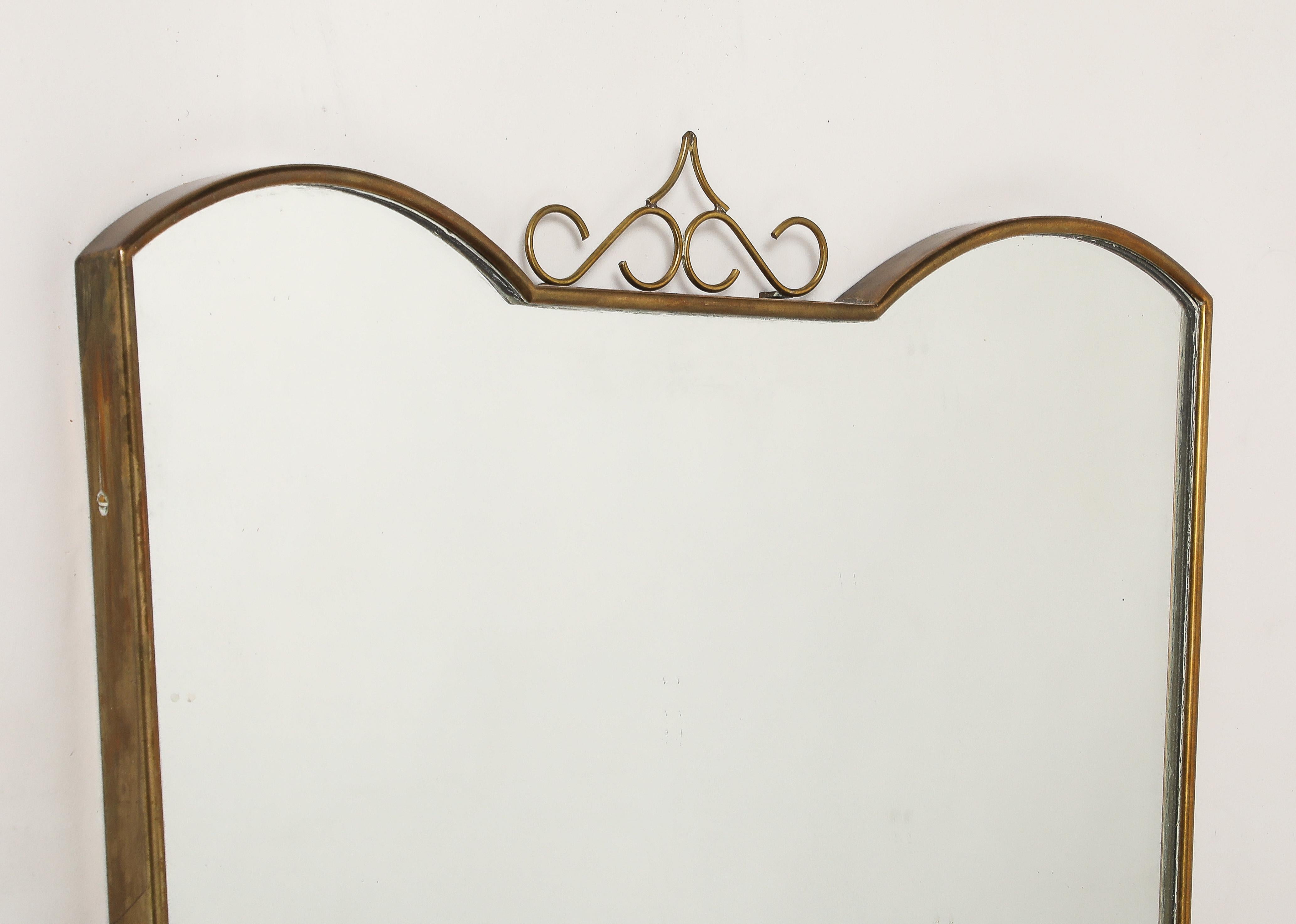 Mid-20th Century Midcentury Italian Shaped Brass Mirror with Brass Decorations, 1950s For Sale