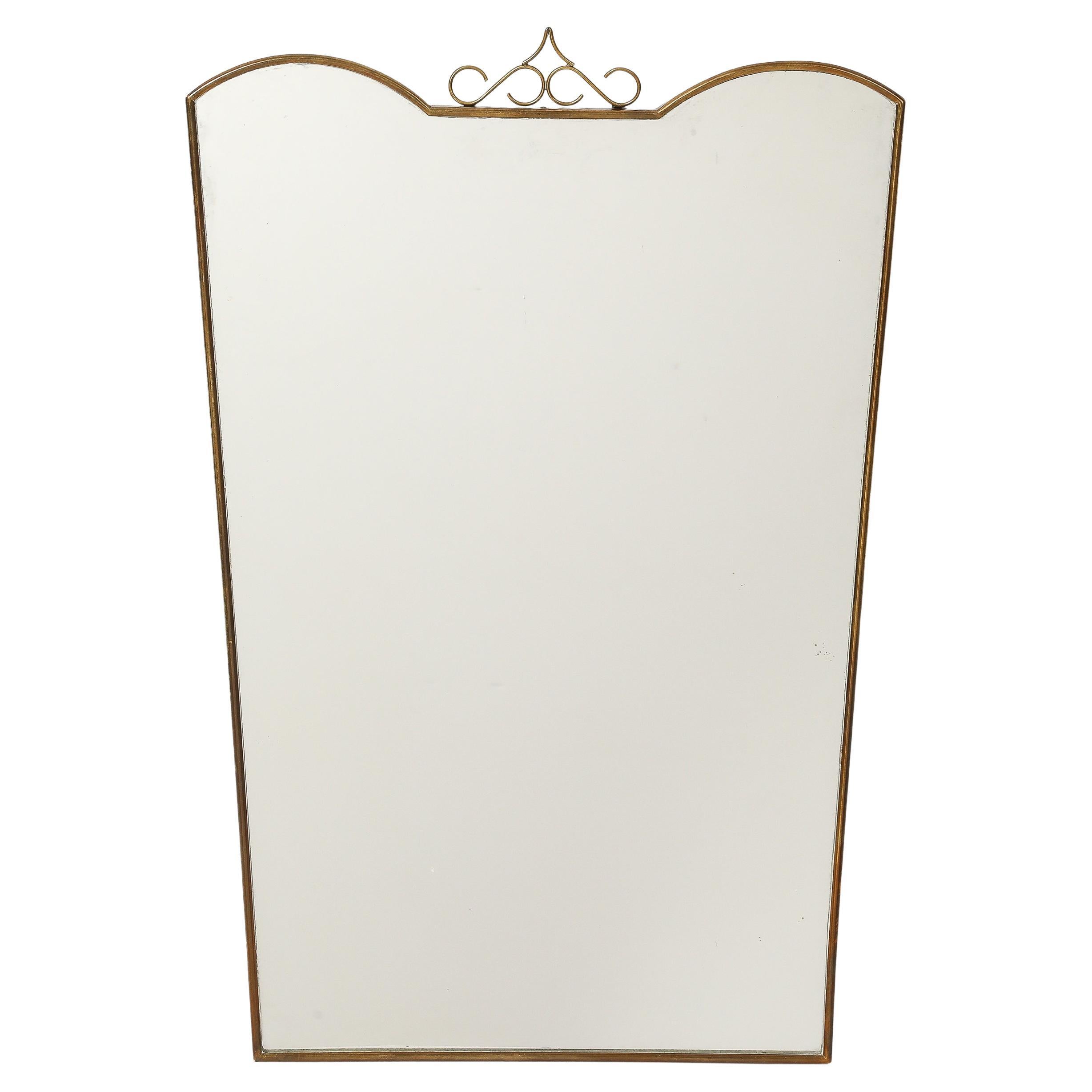 Midcentury Italian Shaped Brass Mirror with Brass Decorations, 1950s For Sale