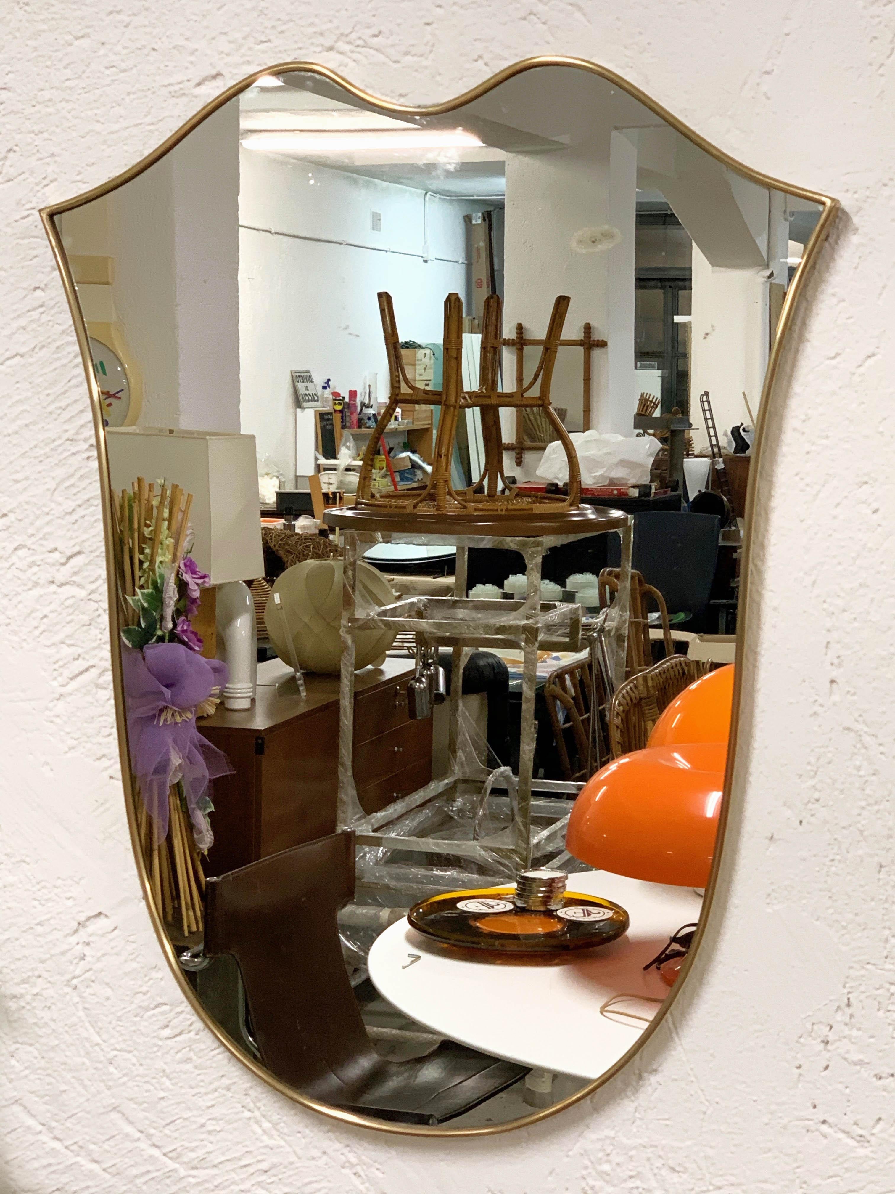 Wood Midcentury Italian Shield Shaped Brass Mirror Attributed to Gio Ponti, 1961