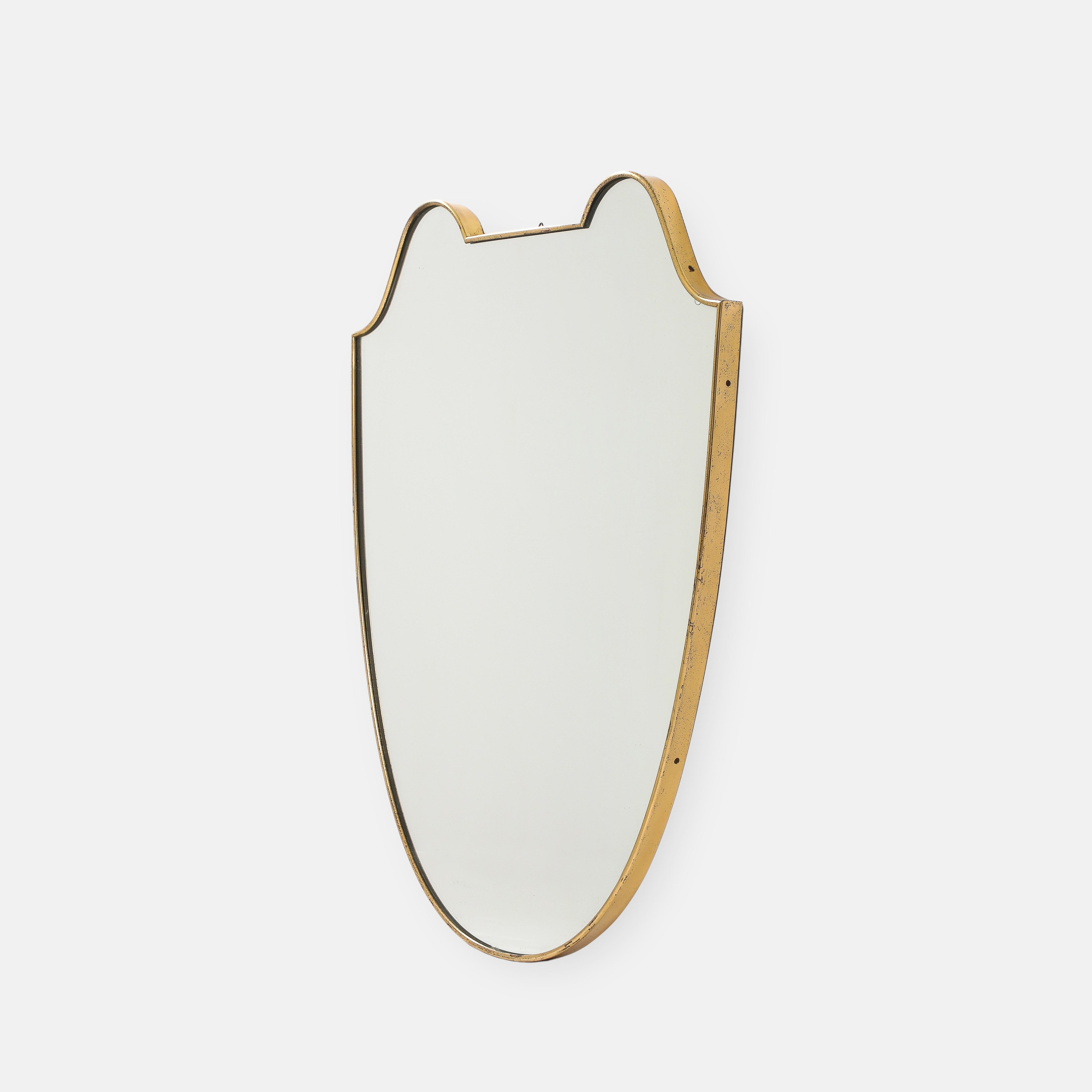 Mid-Century Modern Midcentury Italian Shield Shaped Brass Mirror For Sale
