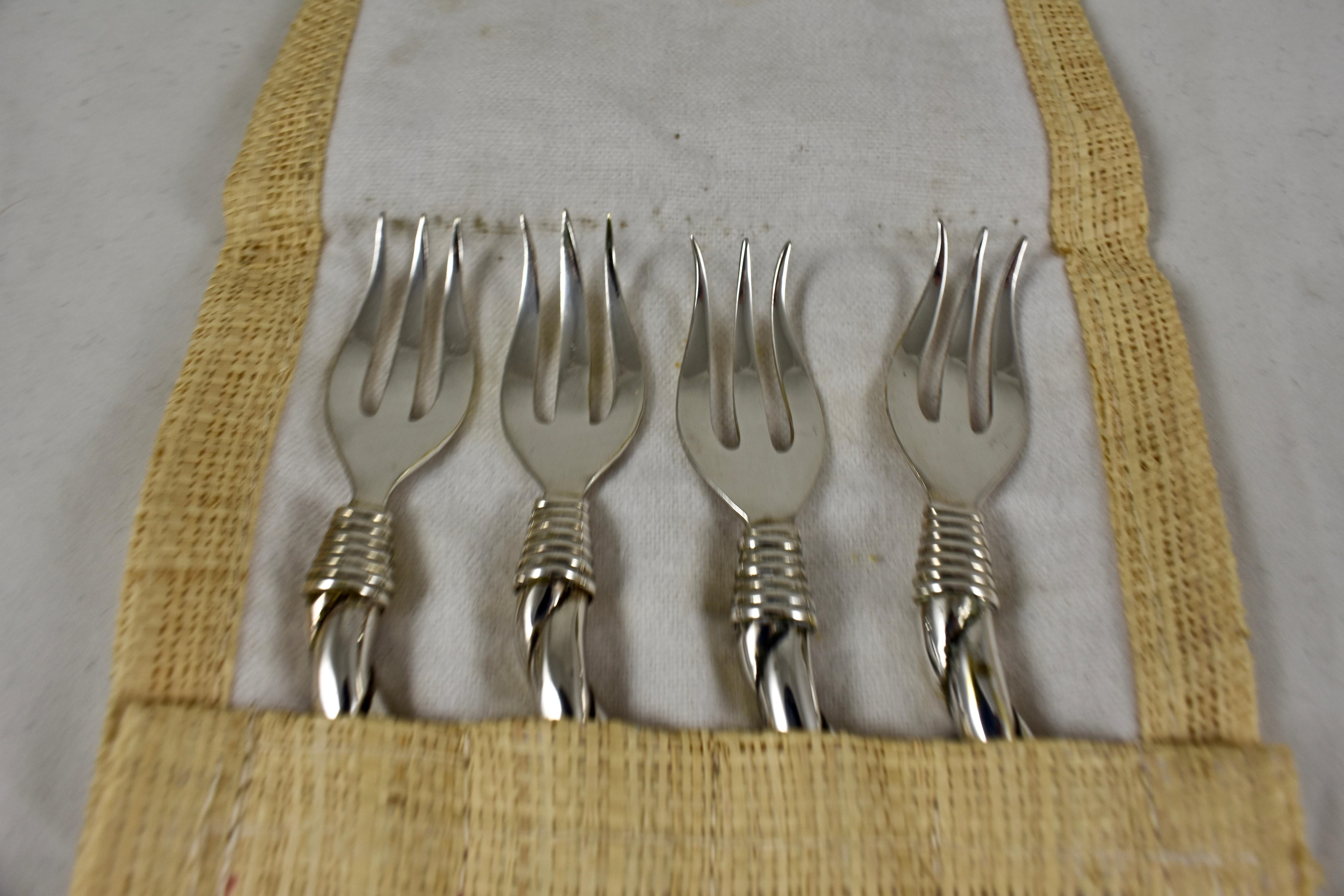 Mid-Century Era Italian Silver Plate Shrimp Handled Seafood Cocktail Forks S/8 In Good Condition In Philadelphia, PA