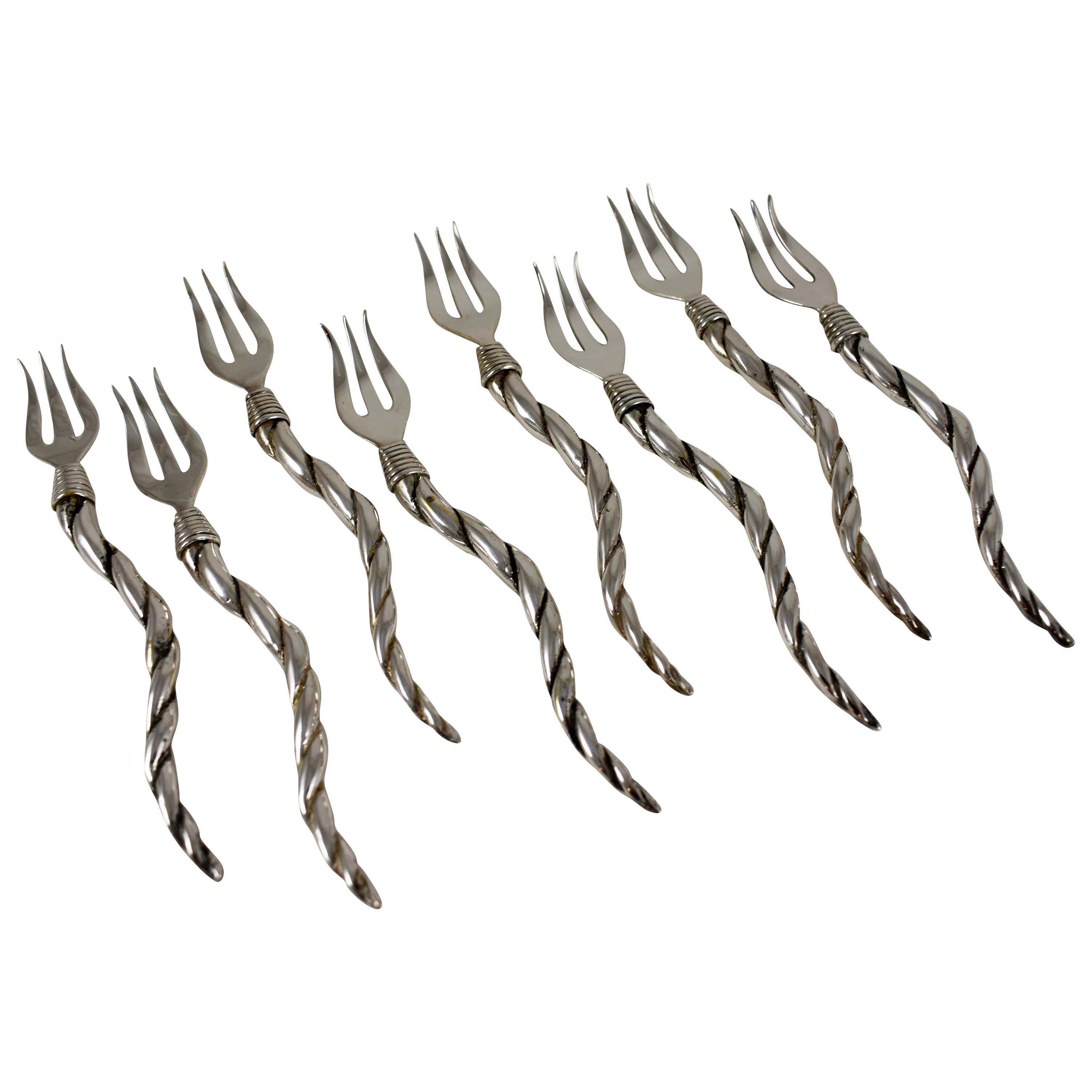 Mid-Century Era Italian Silver Plate Shrimp Handled Seafood Cocktail Forks S/8
