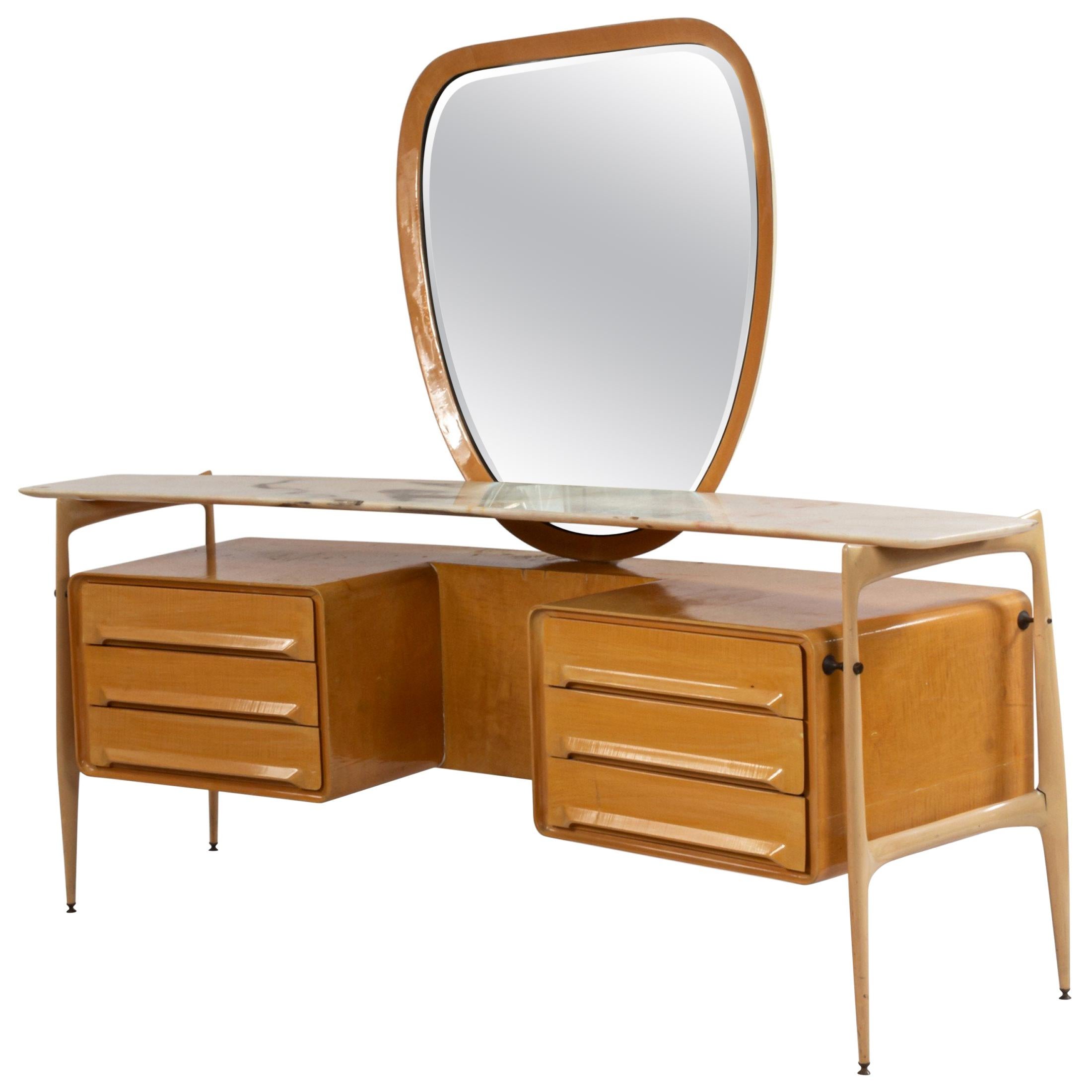 Midcentury Italian Silvio Cavatorta Maple Wood Vanity and Mirror
