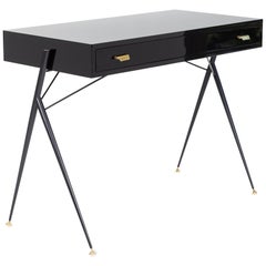 Midcentury Italian Small Writing Desk Black Lacquer, Brass by Silvio Cavatorta