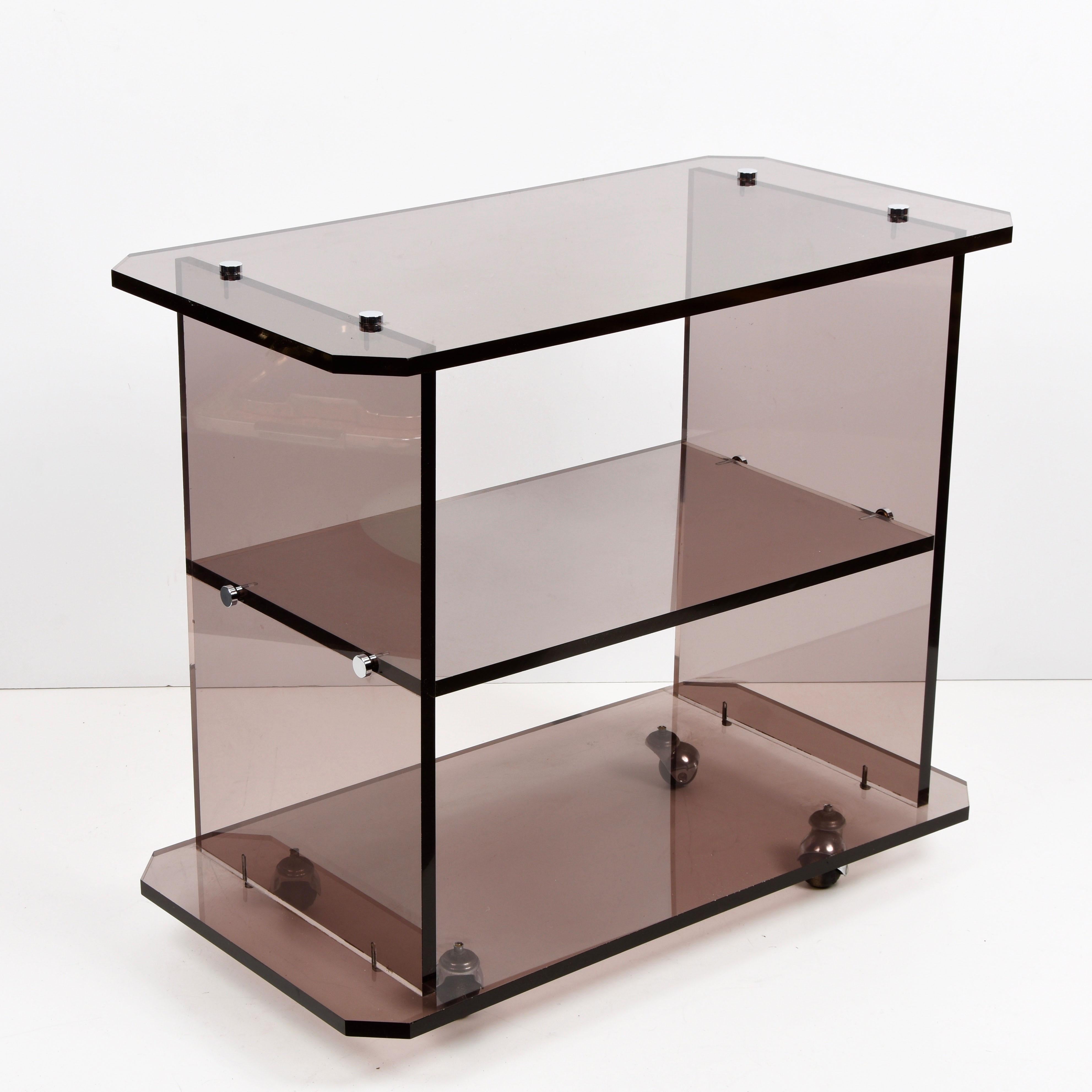 Midcentury Italian Smoked Lucite Service Trolley, Willy Rizzo Style, 1980s For Sale 4