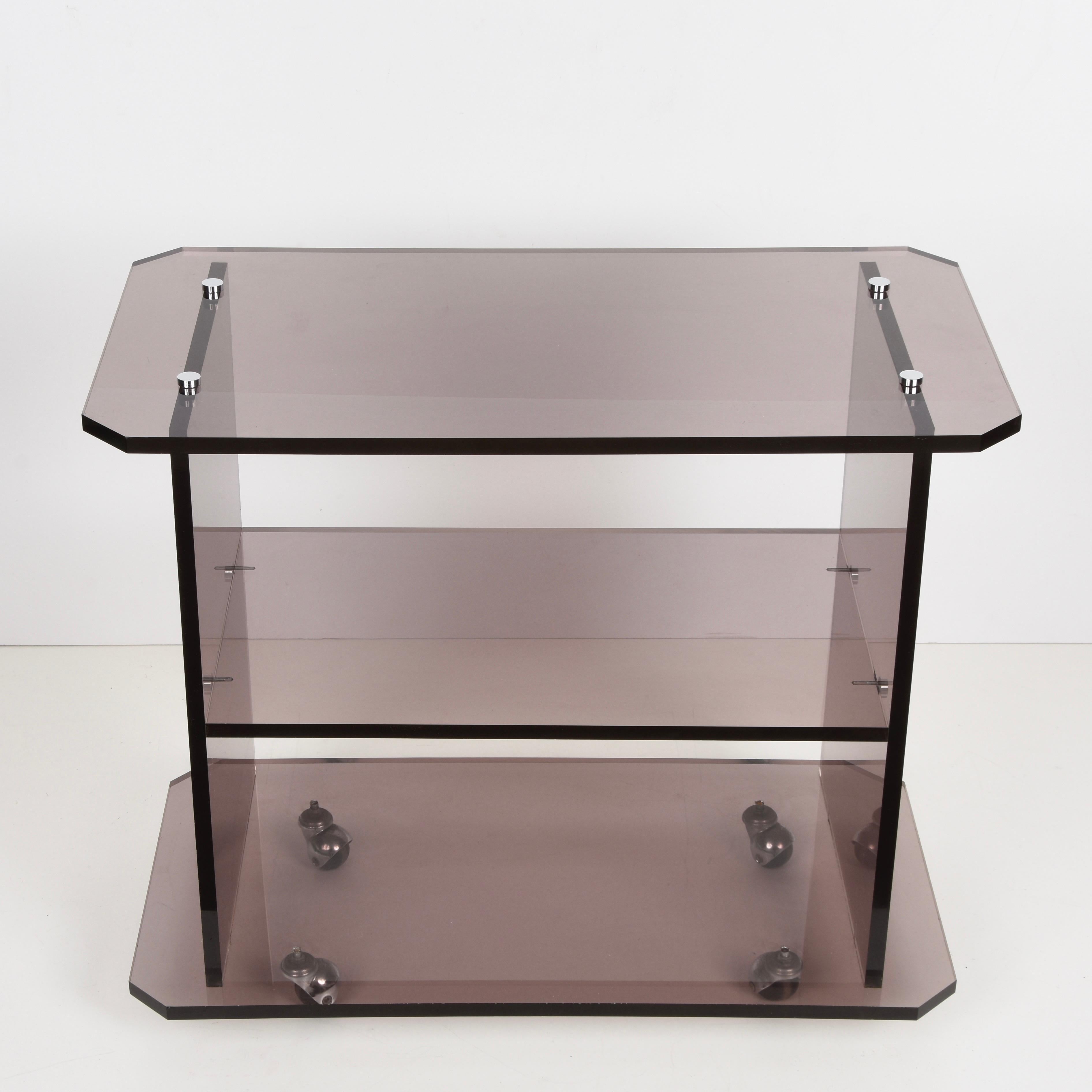 Mid-Century Modern Midcentury Italian Smoked Lucite Service Trolley, Willy Rizzo Style, 1980s For Sale