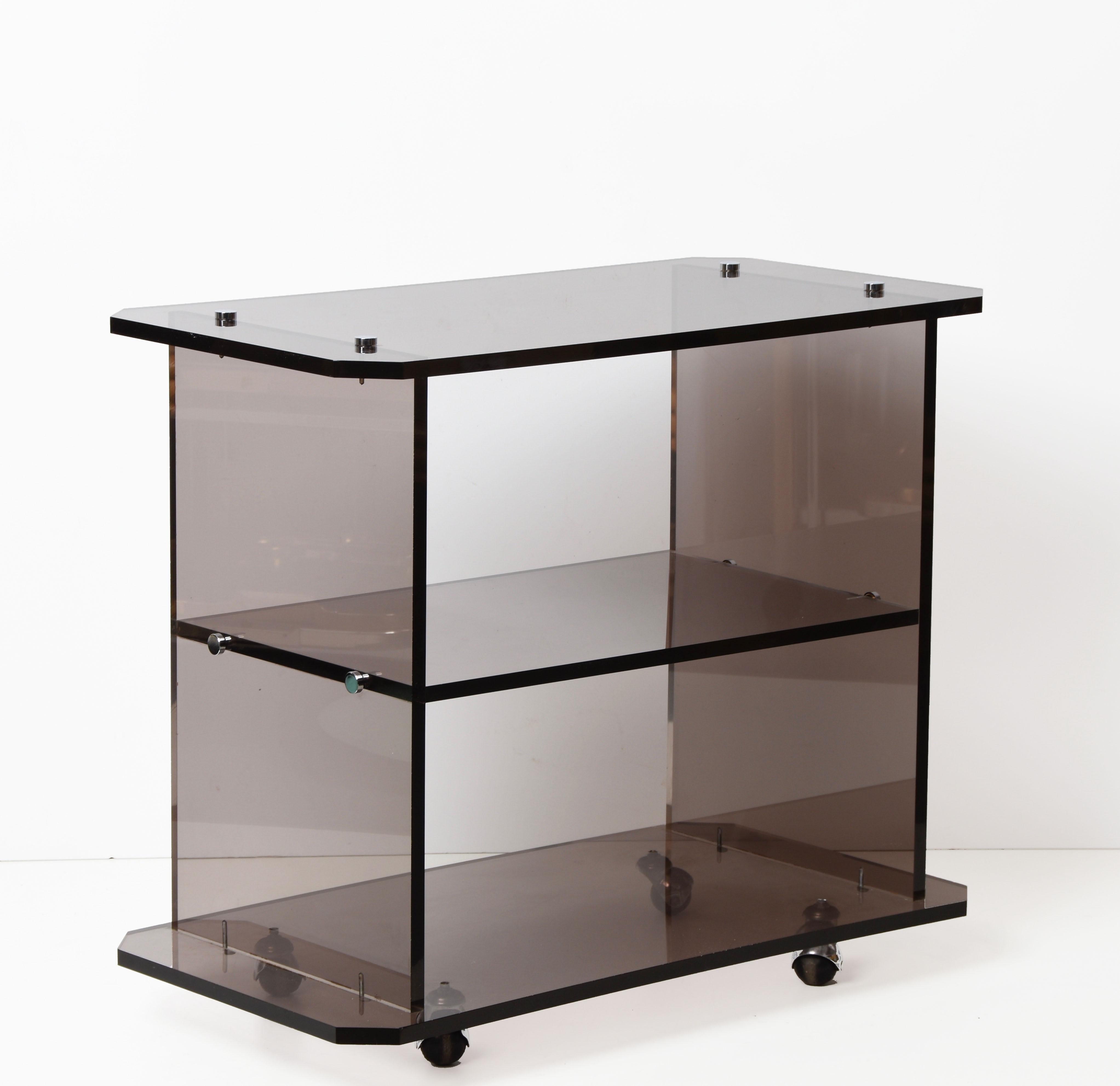 Acrylic Midcentury Italian Smoked Lucite Service Trolley, Willy Rizzo Style, 1980s For Sale