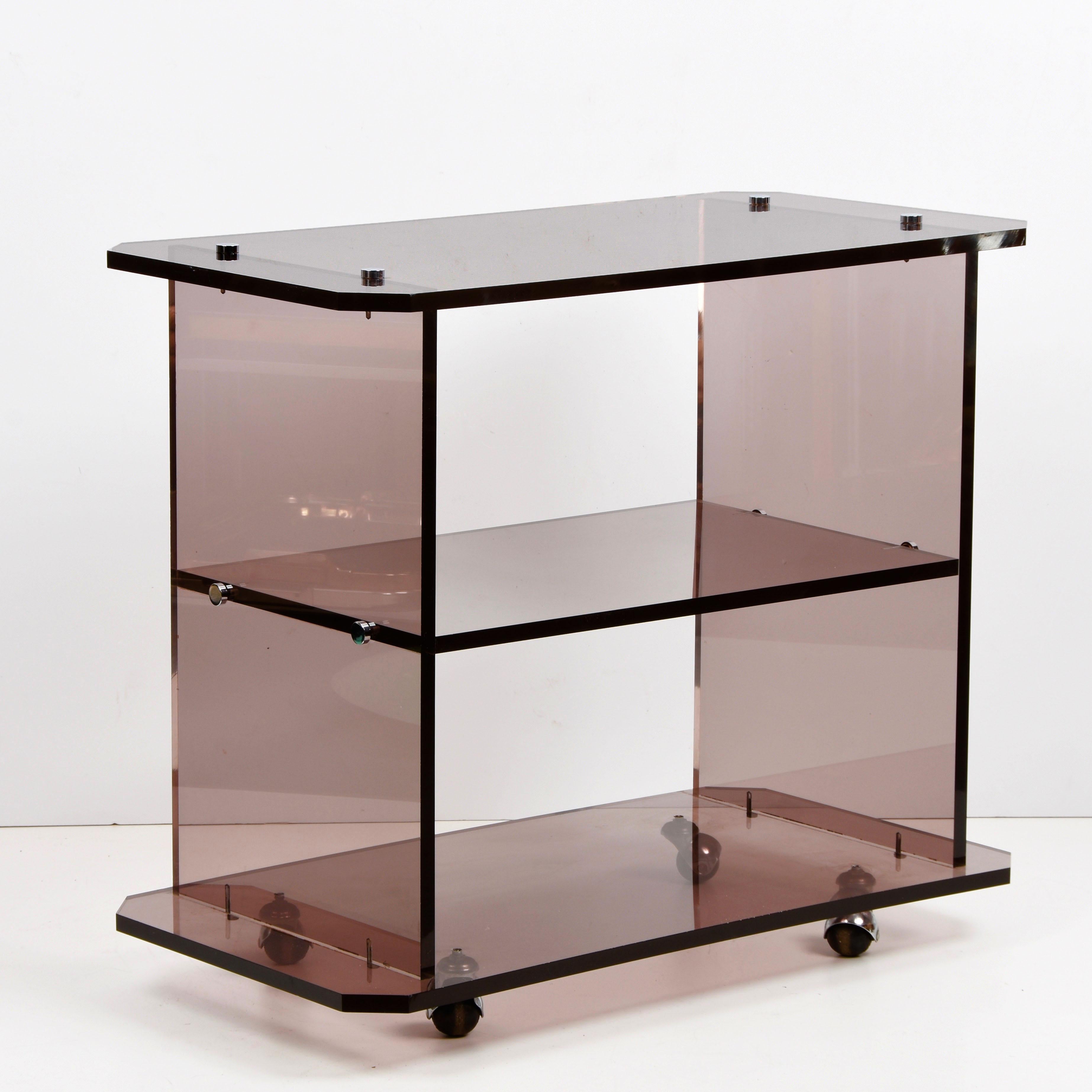 Midcentury Italian Smoked Lucite Service Trolley, Willy Rizzo Style, 1980s For Sale 1