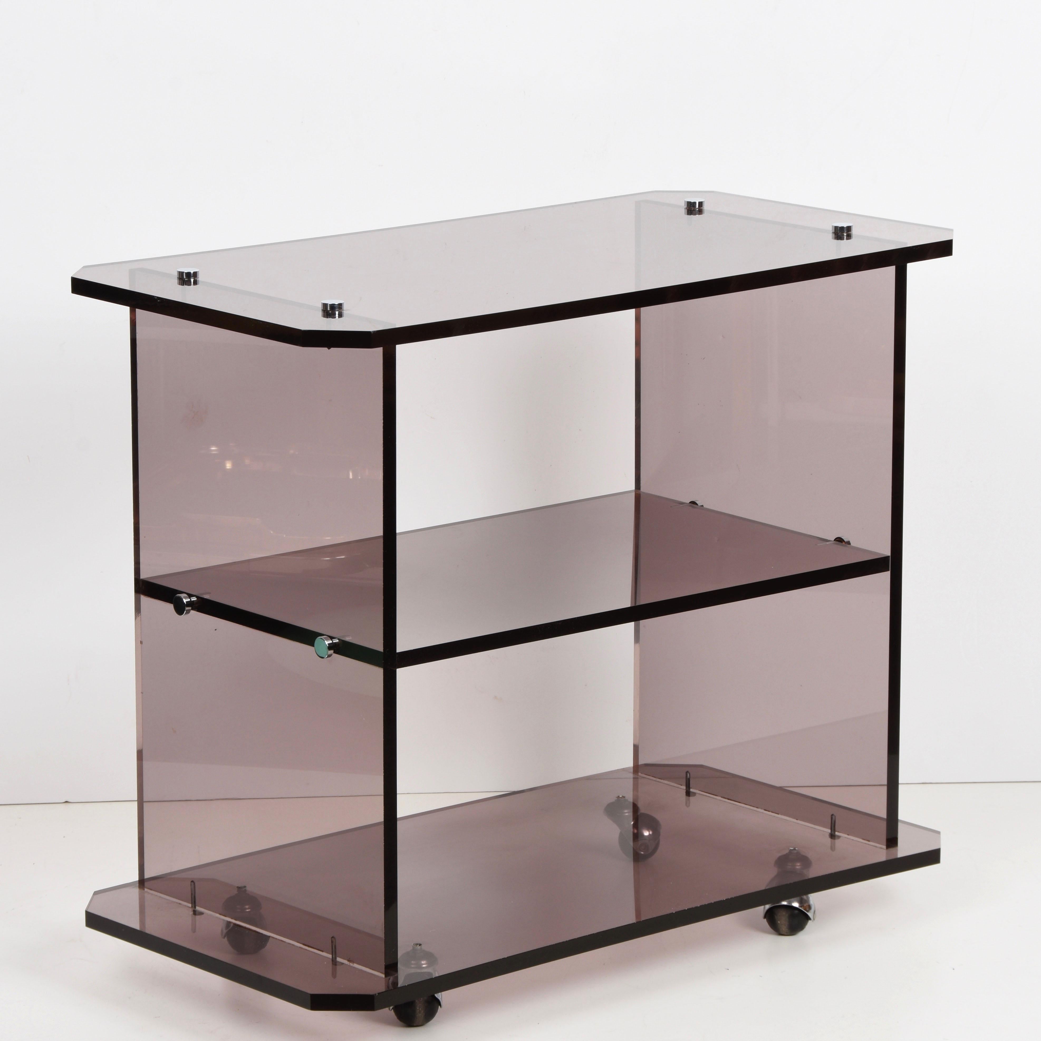 Midcentury Italian Smoked Lucite Service Trolley, Willy Rizzo Style, 1980s For Sale 3