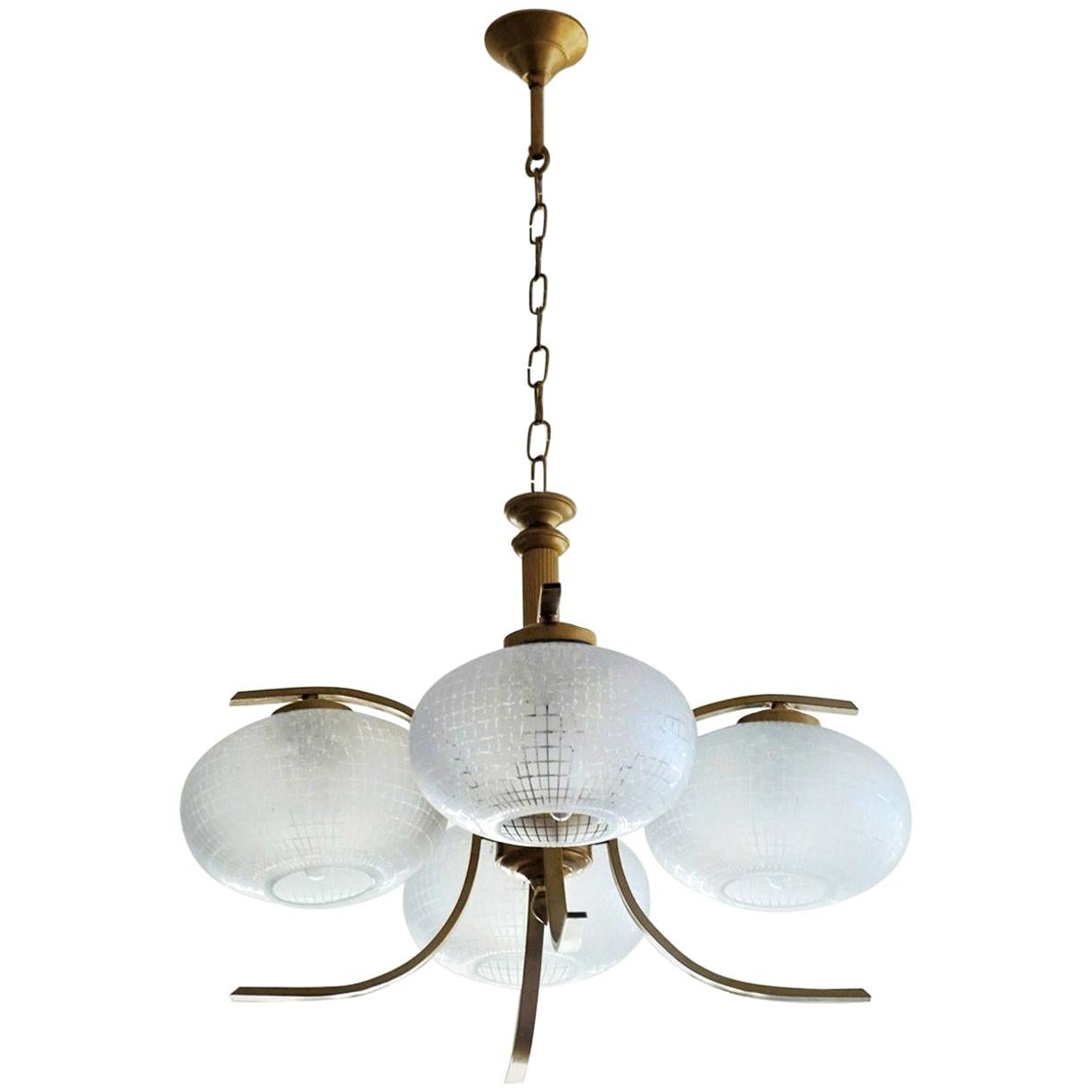 Space Age brass four-light chandelier with large frosted glass globes, Italy, 1960s
Measures:
Overall height 30
