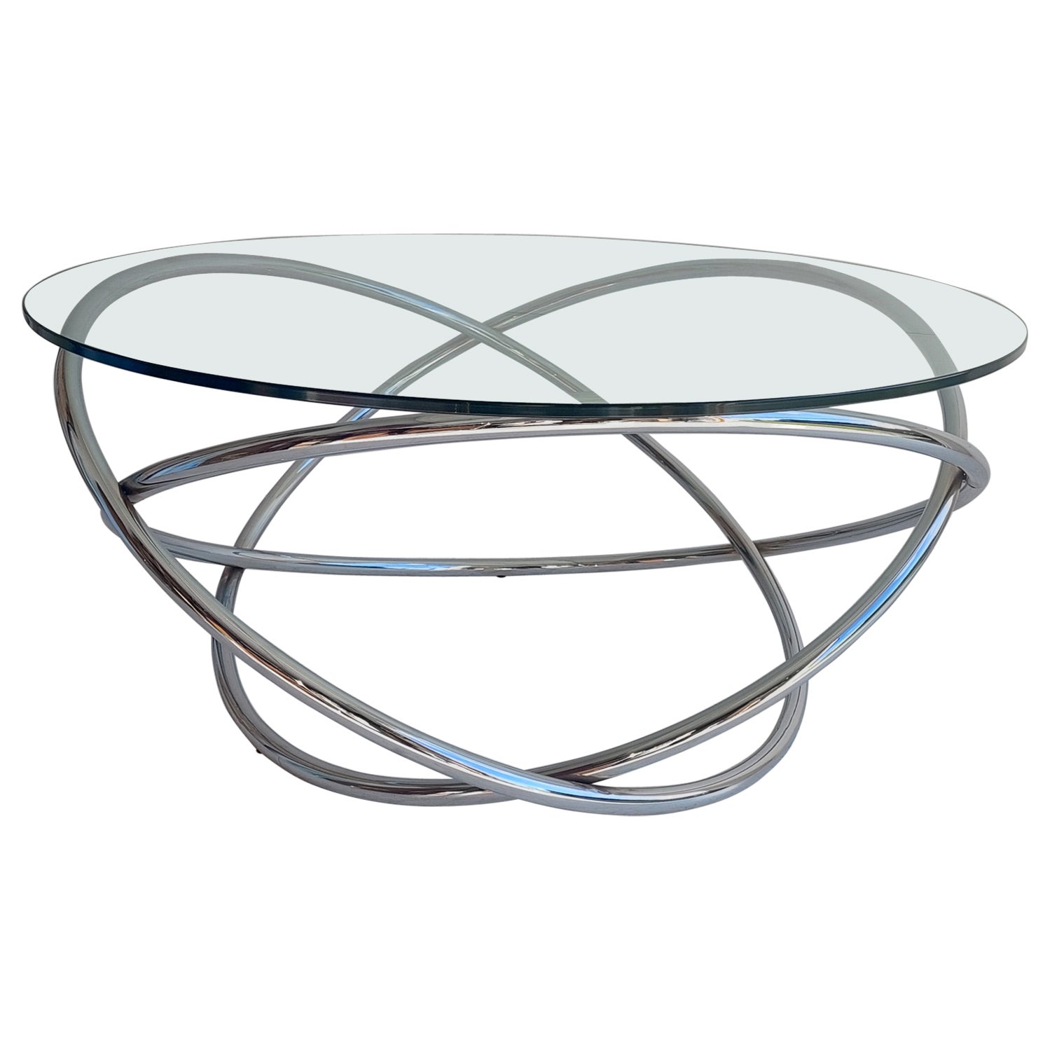 Midcentury Italian Space Age Glass and Chrome Spiral Base Coffee Table, 1970s