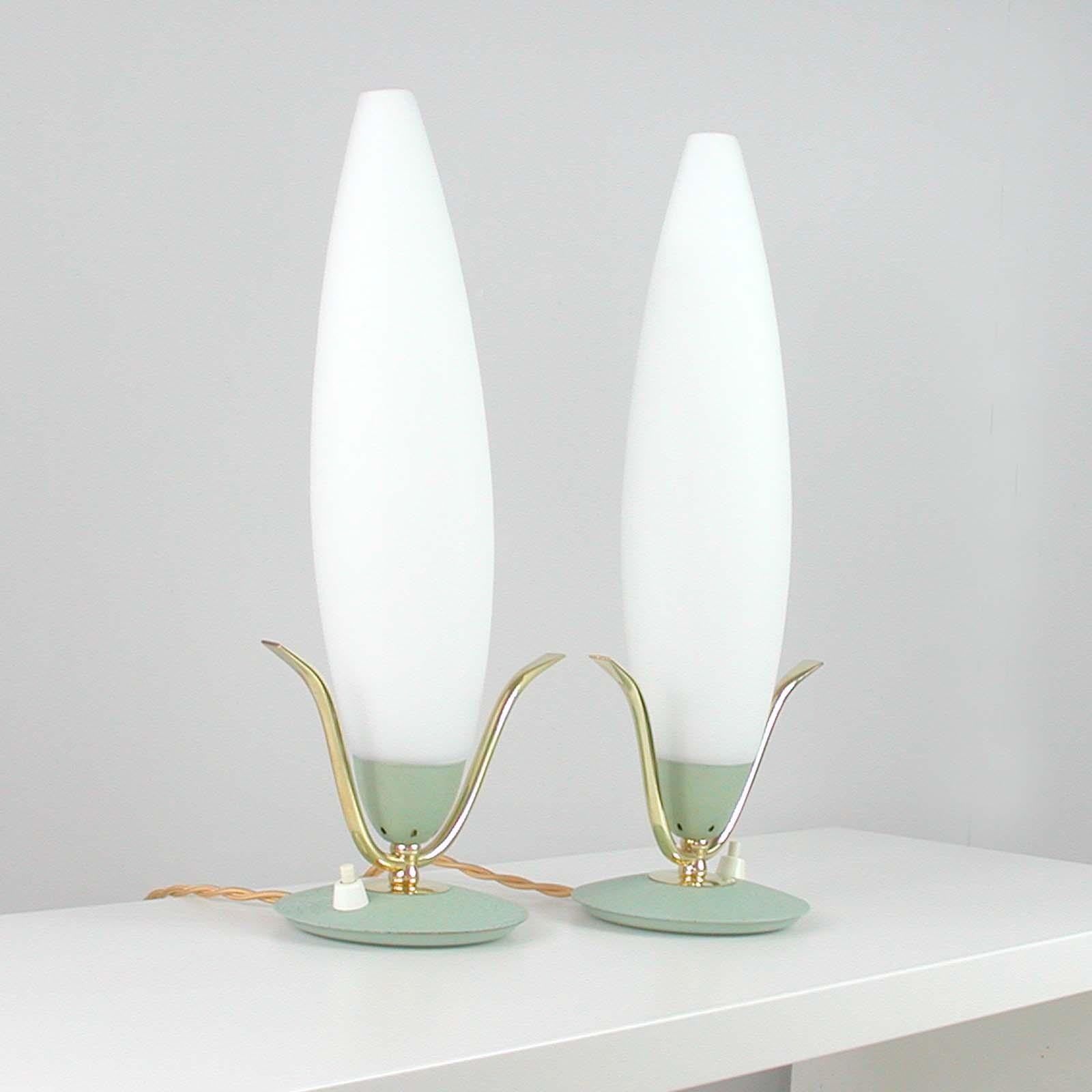 Mid-20th Century Midcentury Italian Sputnik Mint and Satinated Glass Table Lamps, 1950s, Set of 2 For Sale