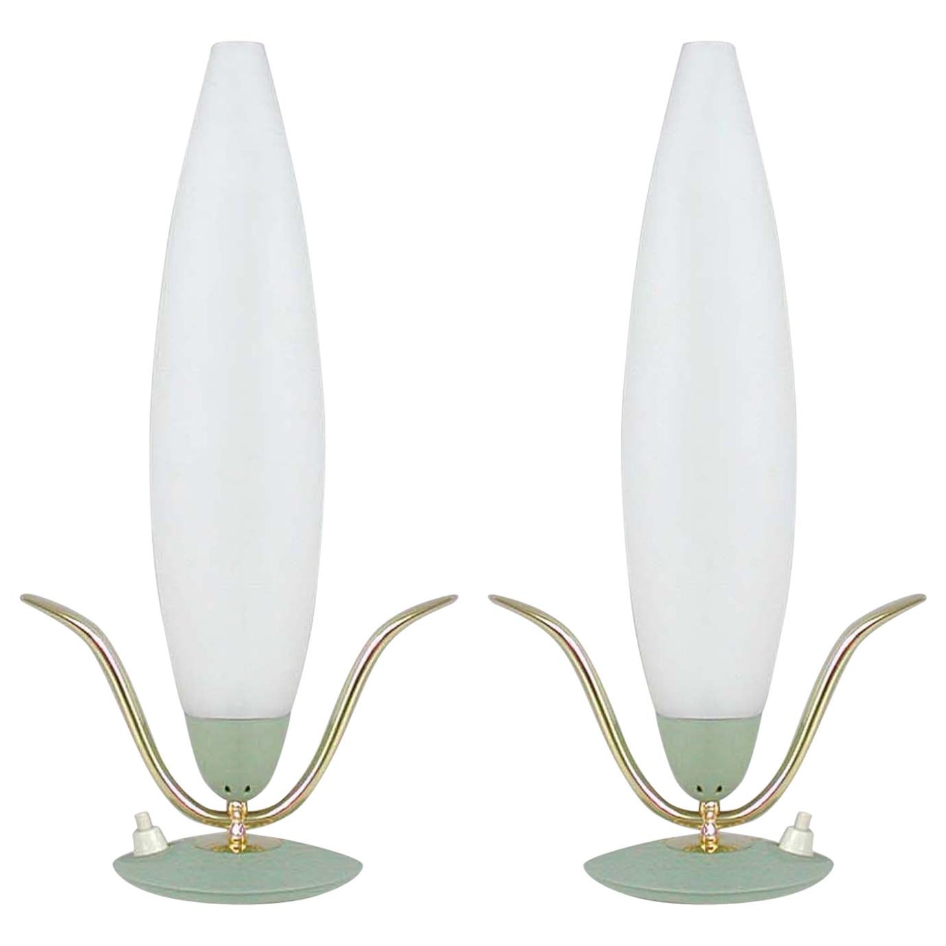 Midcentury Italian Sputnik Mint and Satinated Glass Table Lamps, 1950s, Set of 2 For Sale