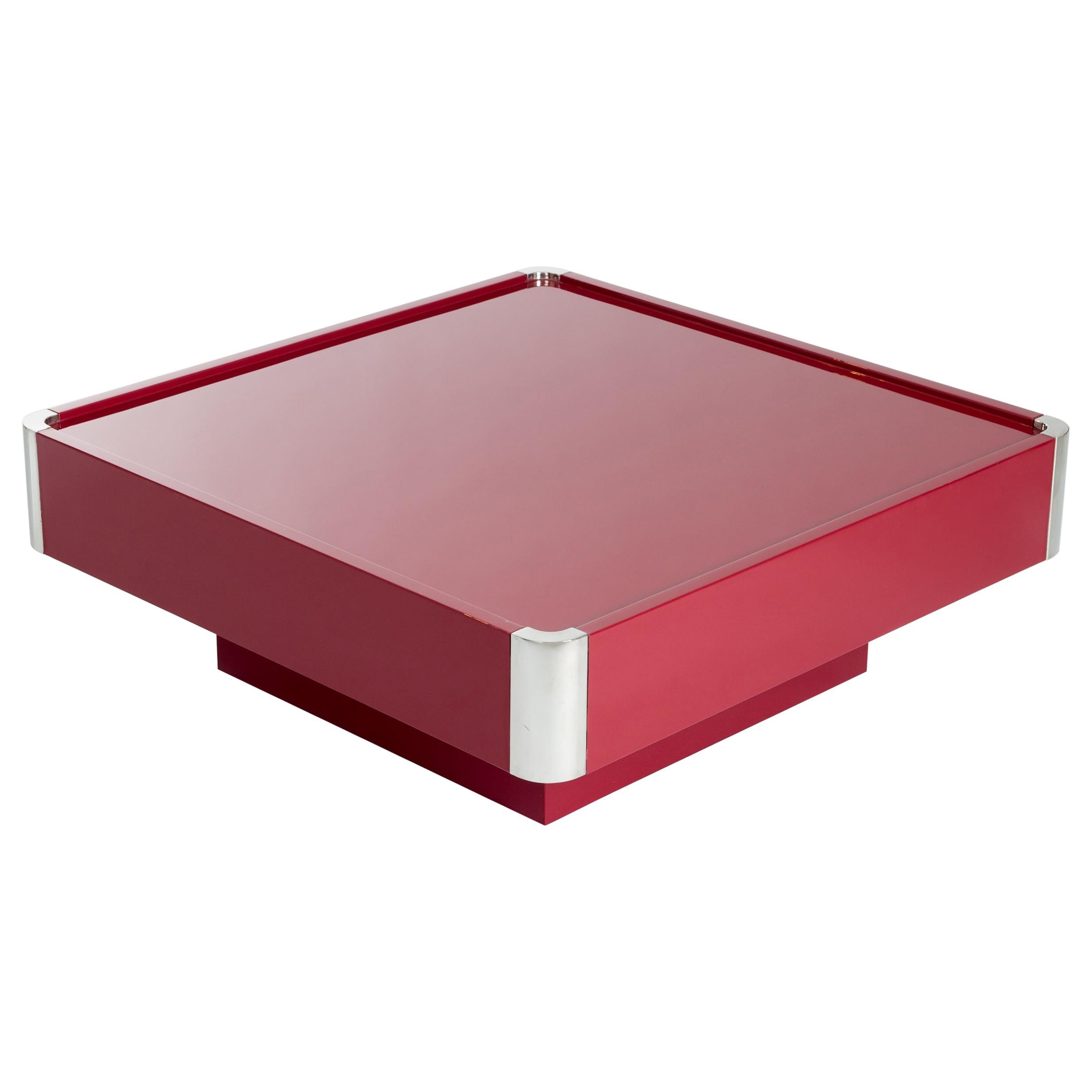 Mid-Century Italian Square Dark Red Coffee Table by Mario Sabot 1970s