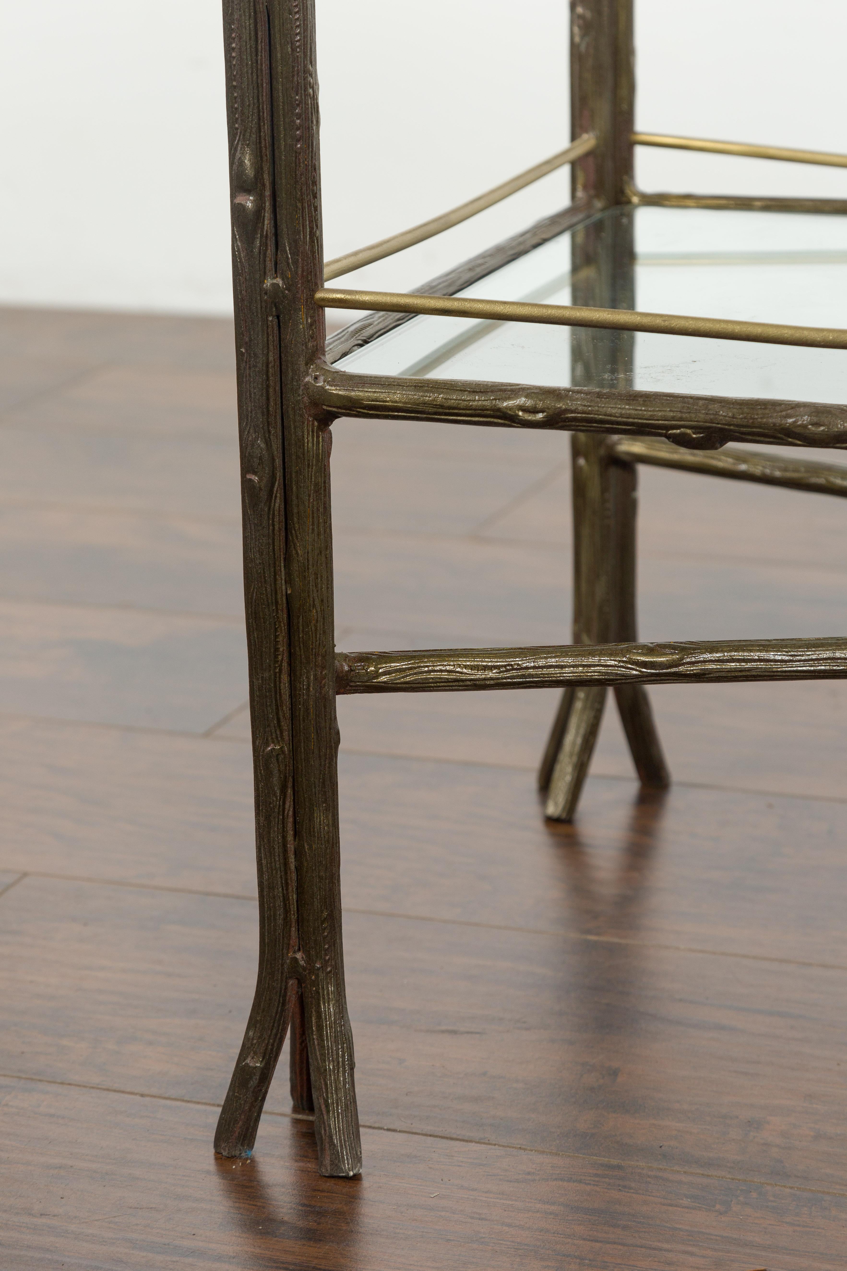 Midcentury Italian Steel and Brass Faux Bois Table with Glass Top and Shelf For Sale 6