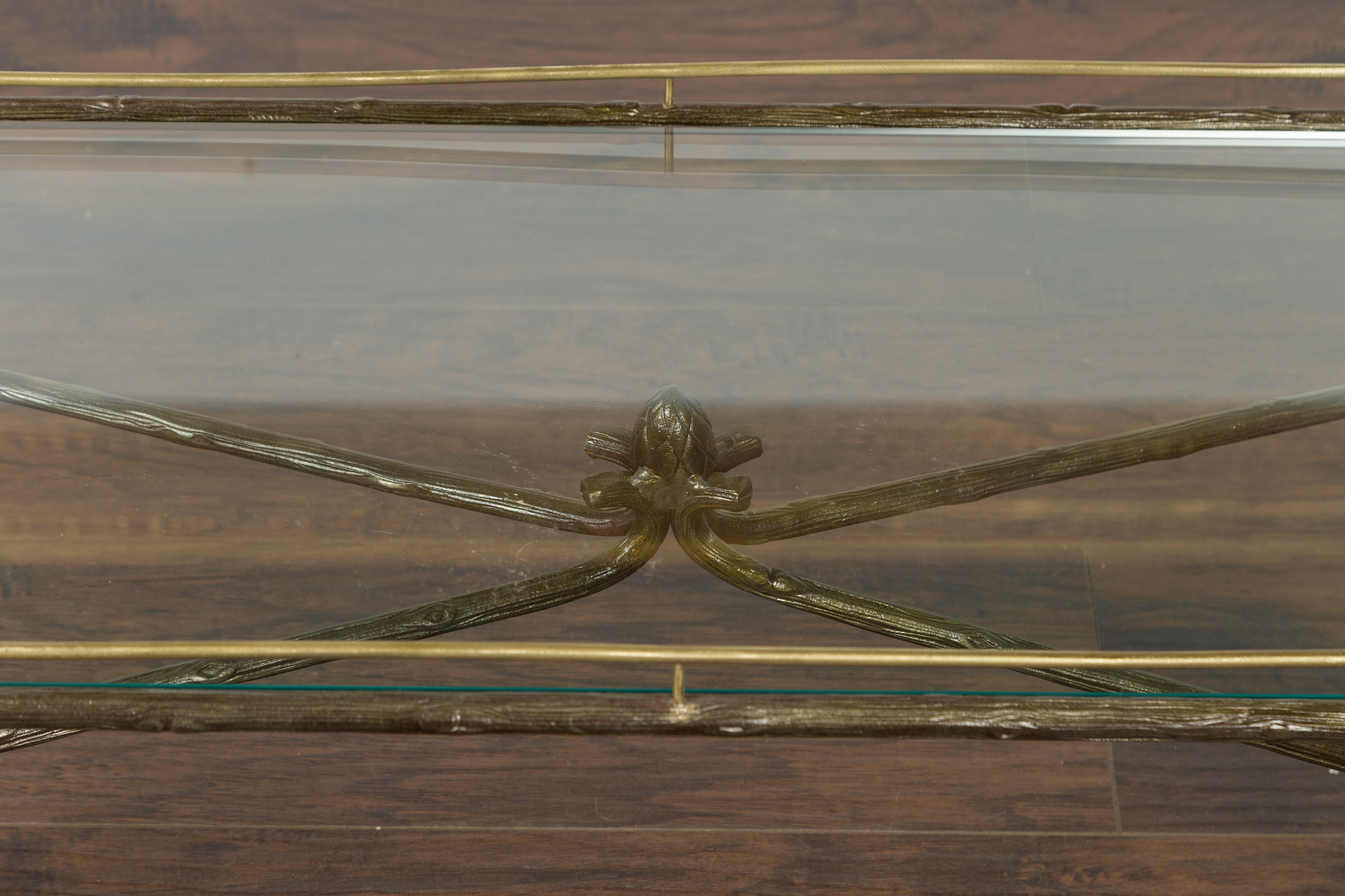 Midcentury Italian Steel and Brass Faux Bois Table with Glass Top and Shelf For Sale 9