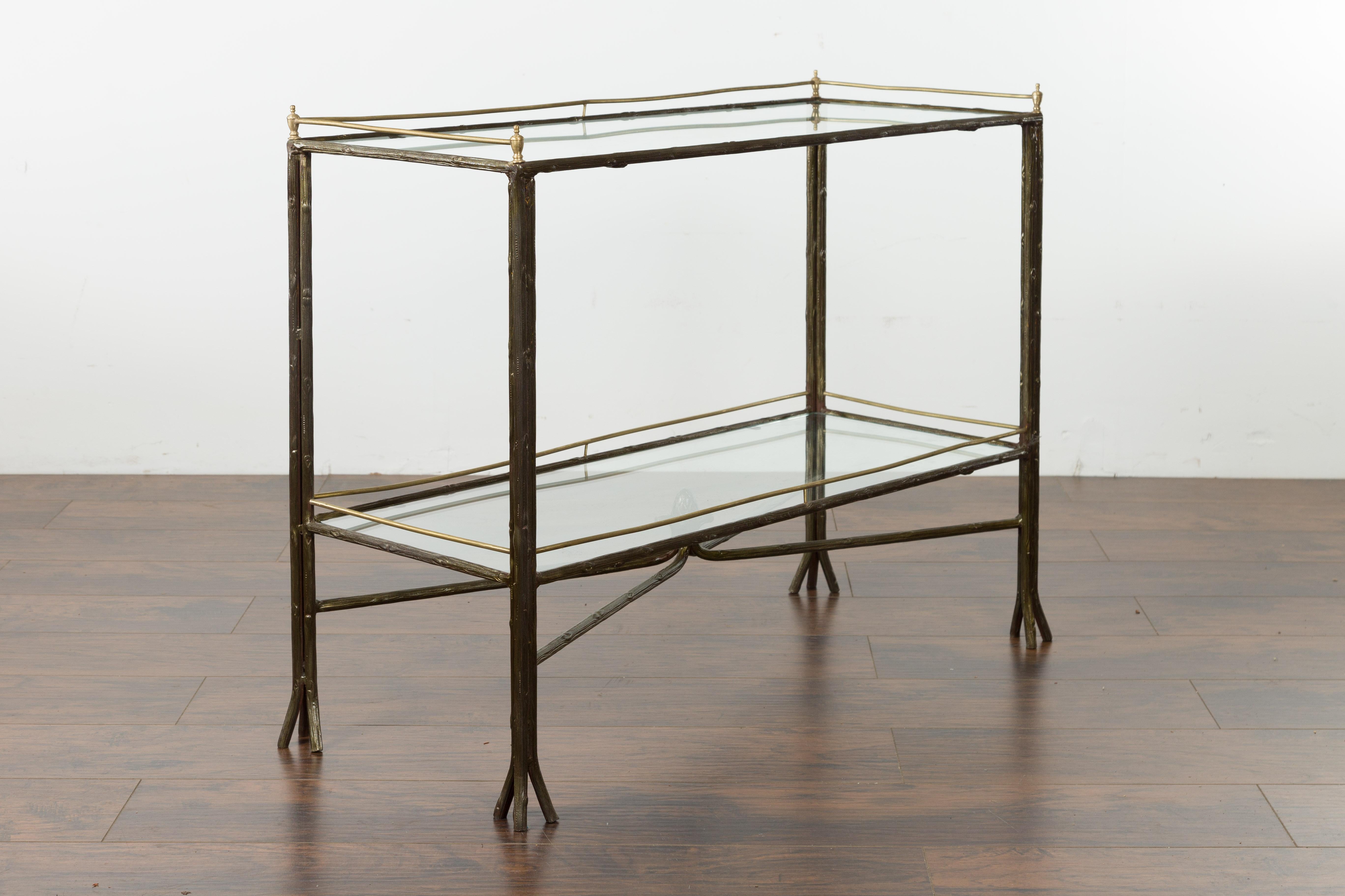 Midcentury Italian Steel and Brass Faux Bois Table with Glass Top and Shelf For Sale 10