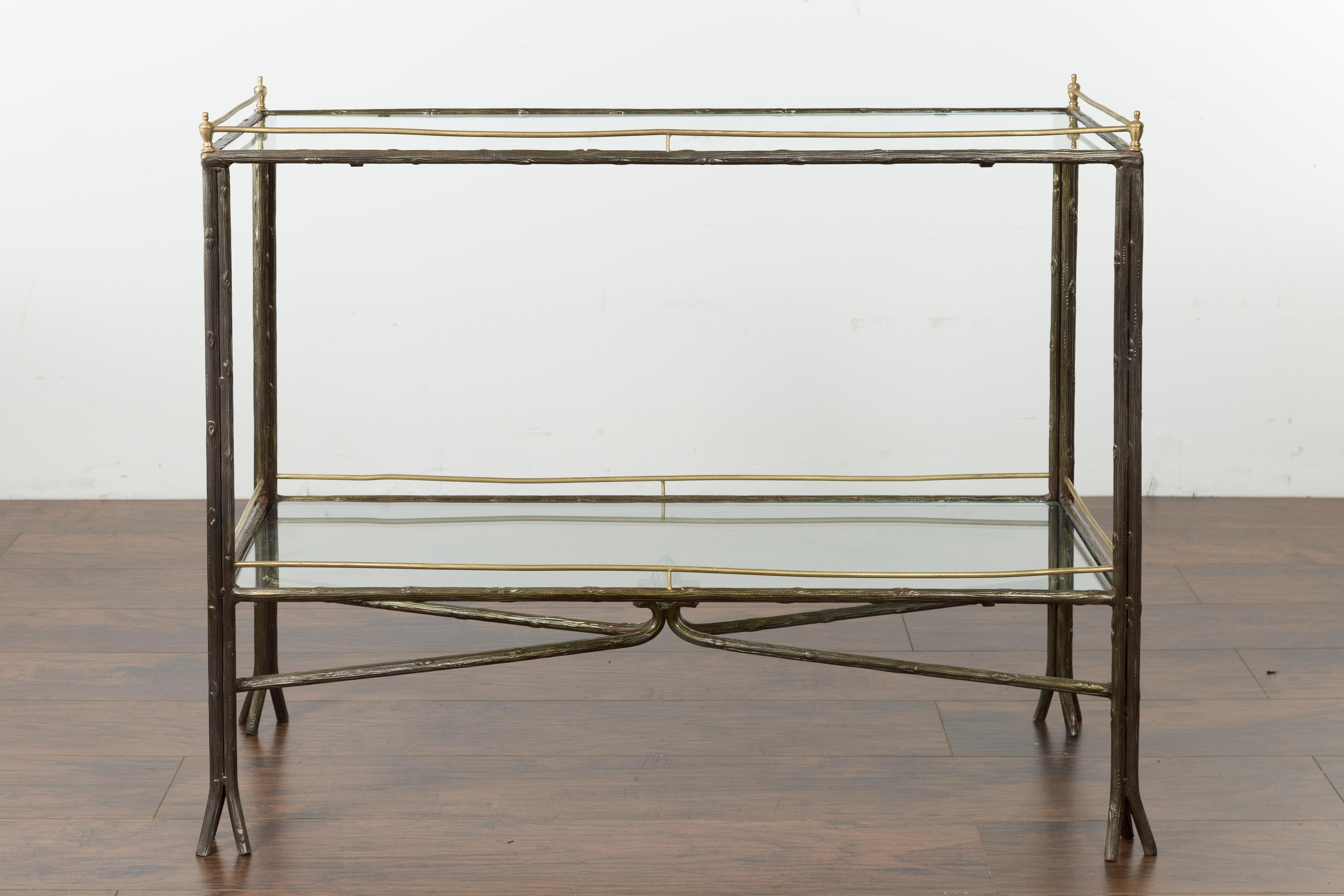 Midcentury Italian Steel and Brass Faux Bois Table with Glass Top and Shelf For Sale 12
