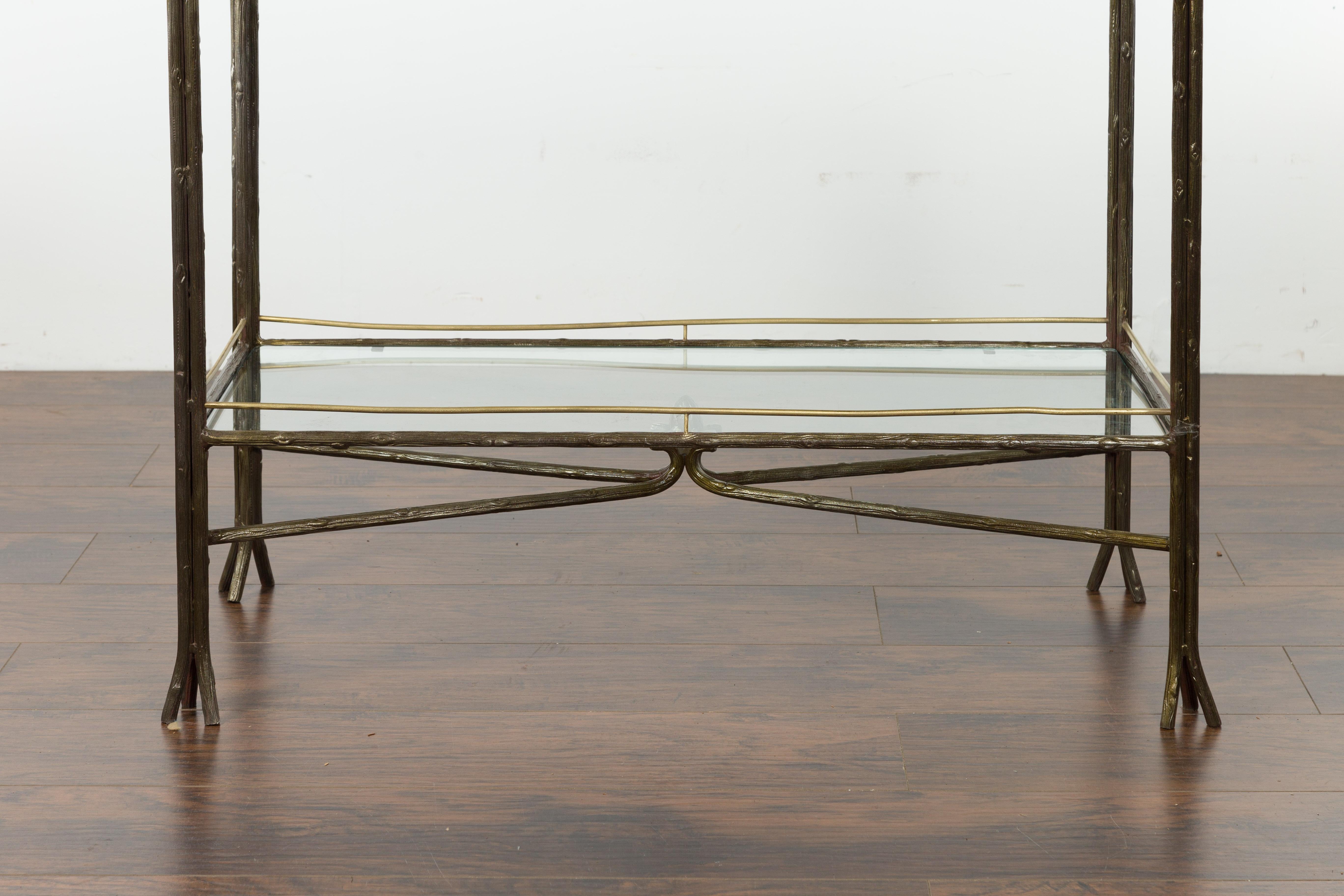 20th Century Midcentury Italian Steel and Brass Faux Bois Table with Glass Top and Shelf For Sale