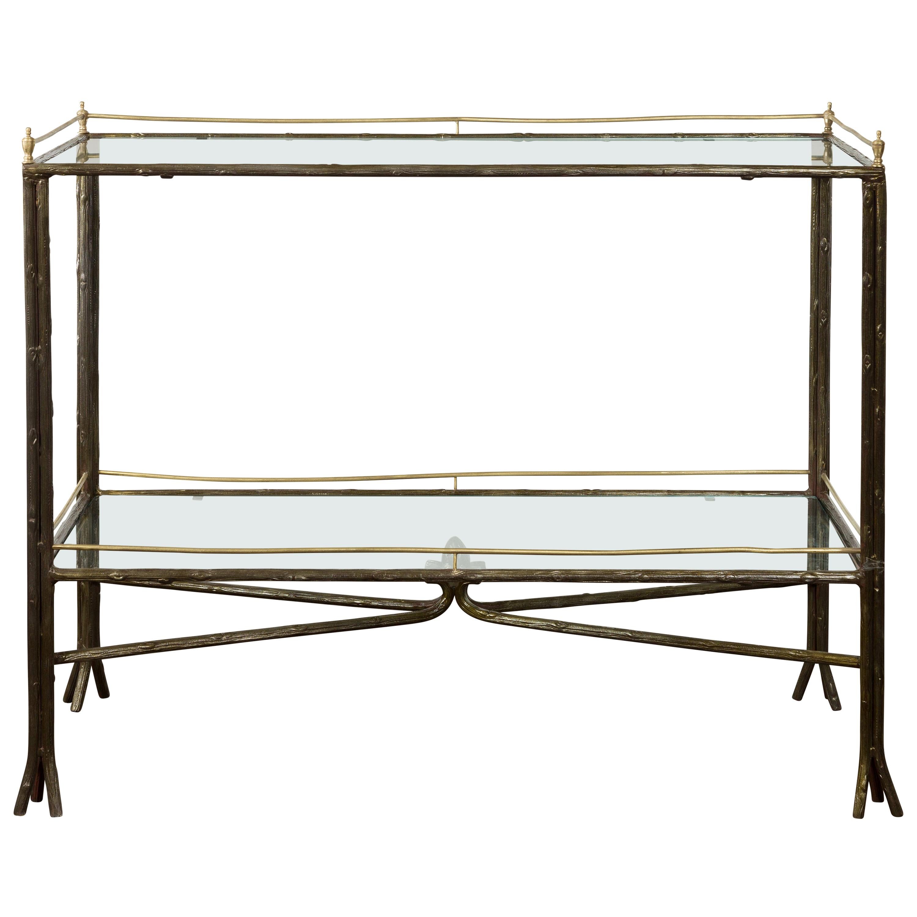 Midcentury Italian Steel and Brass Faux Bois Table with Glass Top and Shelf